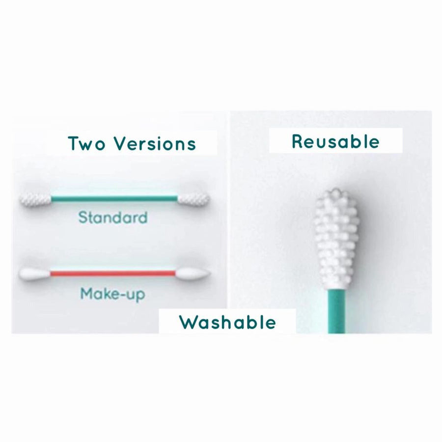 Two reusable silicone cotton swabs in a pack, designed for eco-friendly beauty and hygiene use, showcasing their soft and flexible tips.