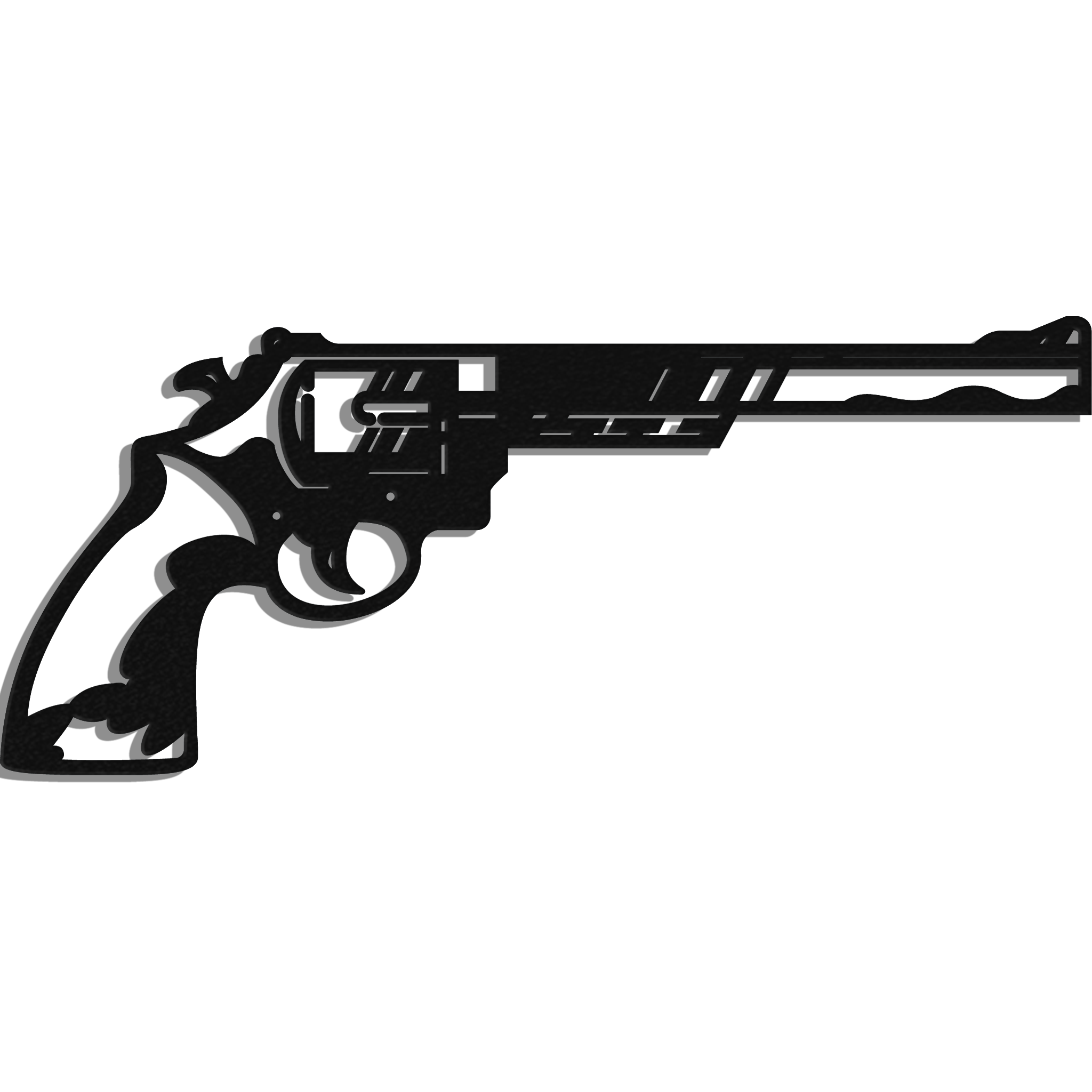 A striking black metal wall art piece shaped like a revolver, showcasing intricate details and a sleek design.