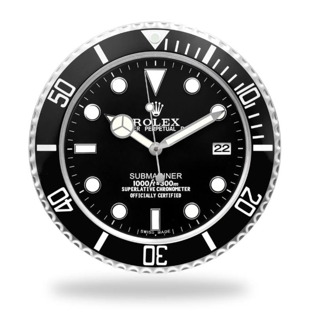 R*lex Submariner Wall Clock in black with stainless steel case and fluted bezel design, showcasing luxury and elegance.