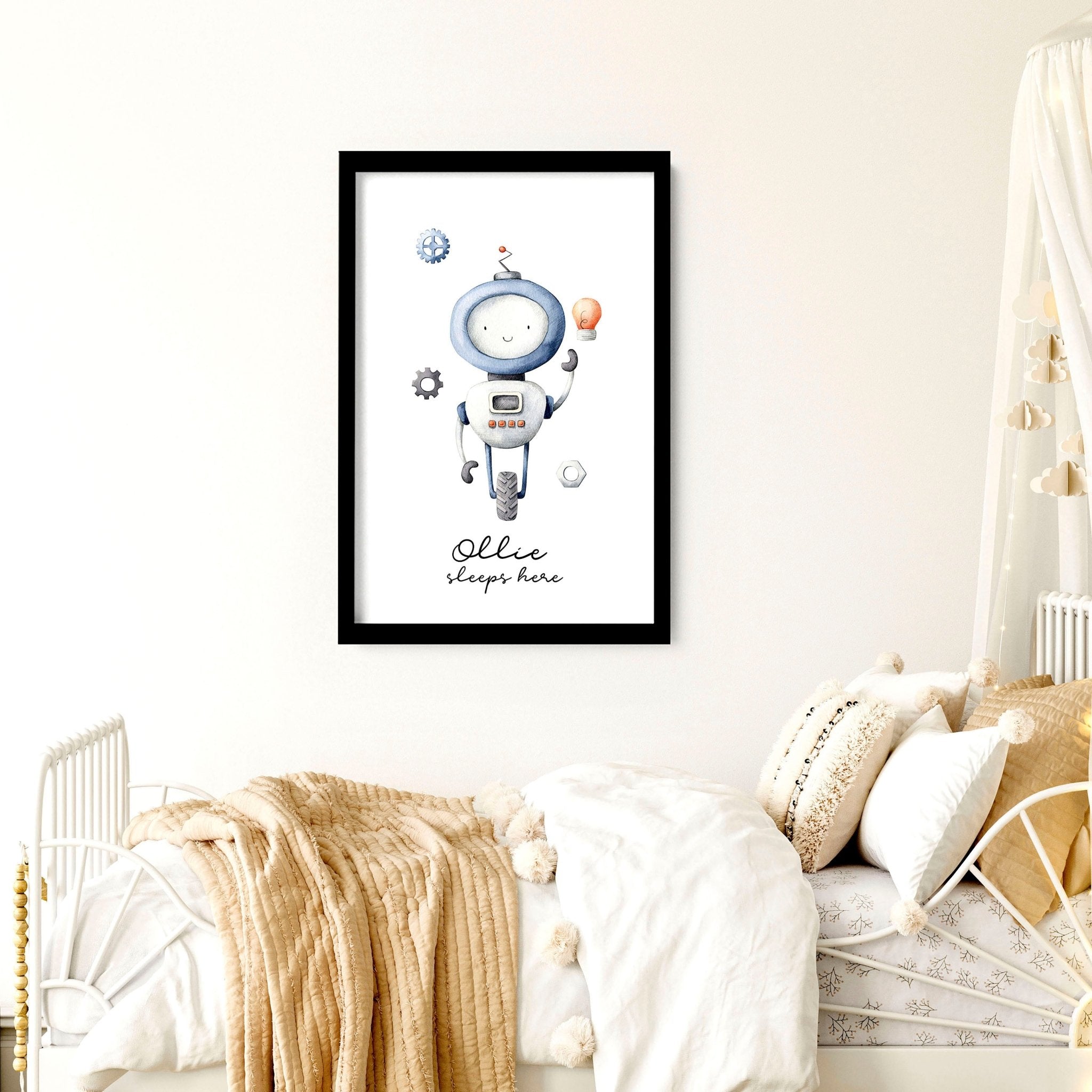 Charming robot-themed wall art print featuring vintage-style illustrations in soft greys and light blue, perfect for a baby boy's playroom.