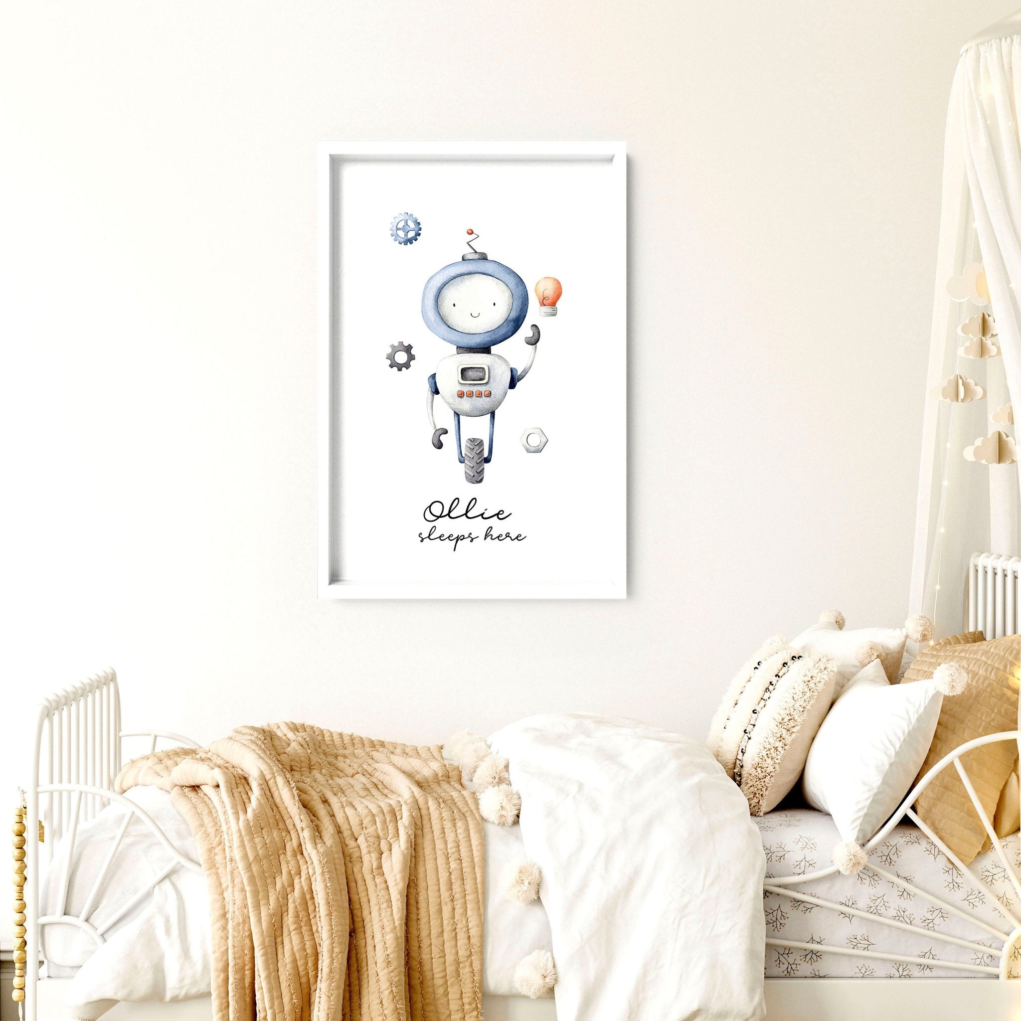 Charming robot-themed wall art print featuring vintage-style illustrations in soft greys and light blue, perfect for a baby boy's playroom.