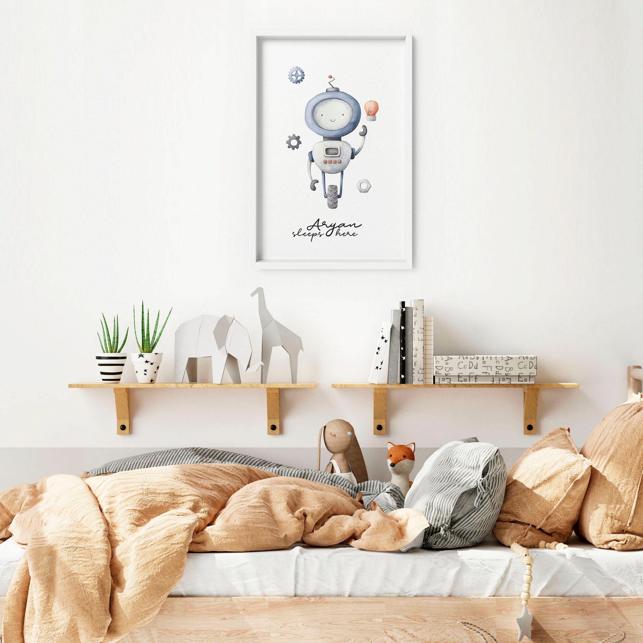 Charming robot-themed wall art print featuring vintage-style illustrations in soft greys and light blue, perfect for a baby boy's playroom.