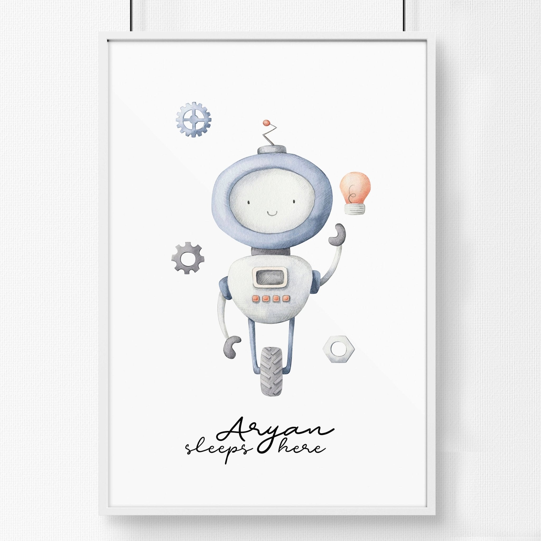 Charming robot-themed wall art print featuring vintage-style illustrations in soft greys and light blue, perfect for a baby boy's playroom.