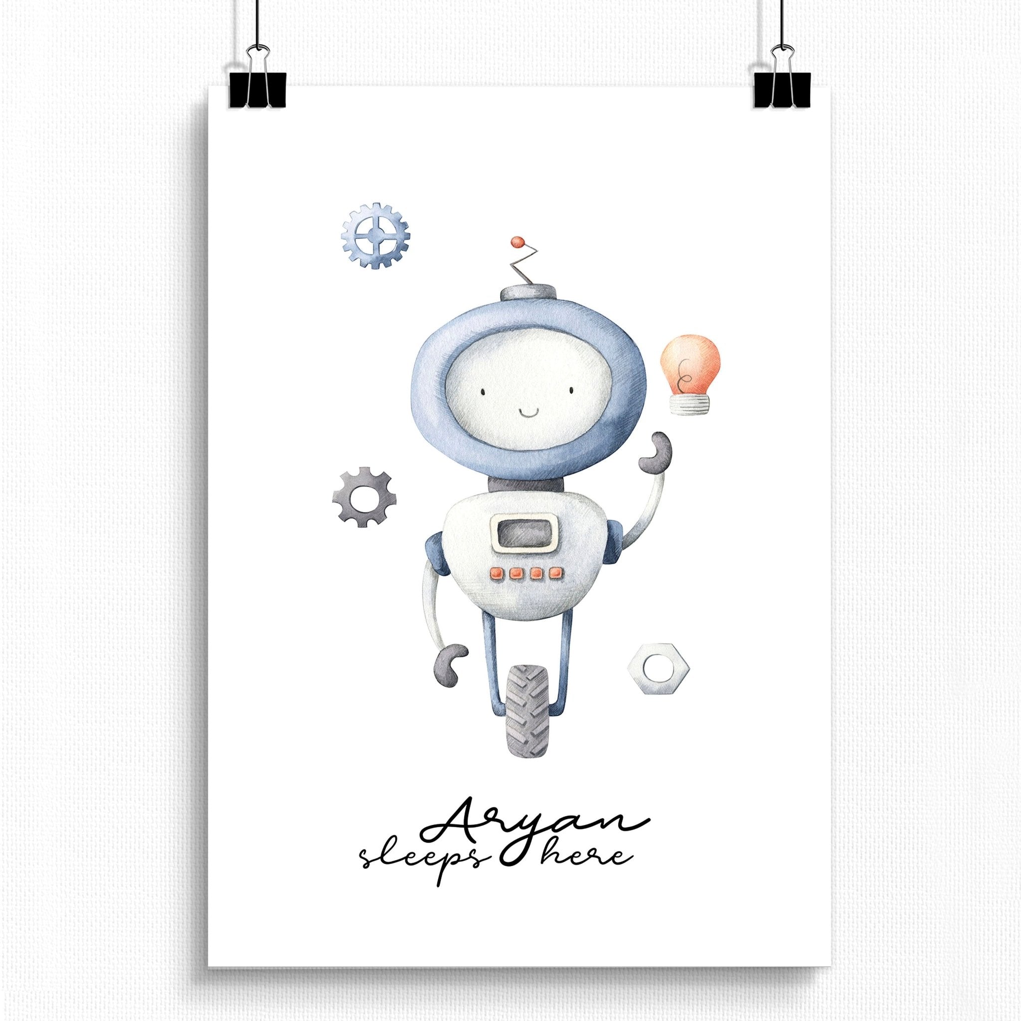 Charming robot-themed wall art print featuring vintage-style illustrations in soft greys and light blue, perfect for a baby boy's playroom.