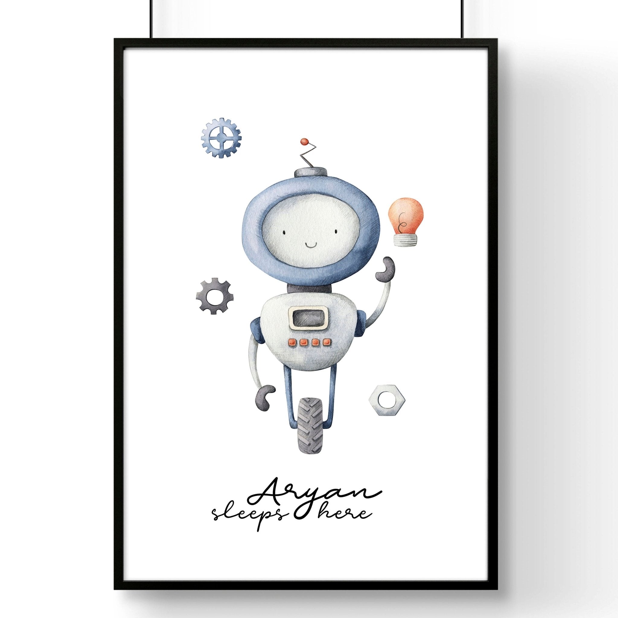 Charming robot-themed wall art print featuring vintage-style illustrations in soft greys and light blue, perfect for a baby boy's playroom.