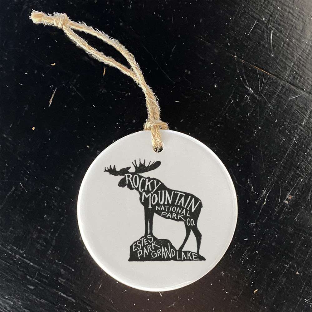 Rocky Mountain National Park Moose ornament, high-quality porcelain with a vibrant moose design, perfect for holiday decor or gifting.
