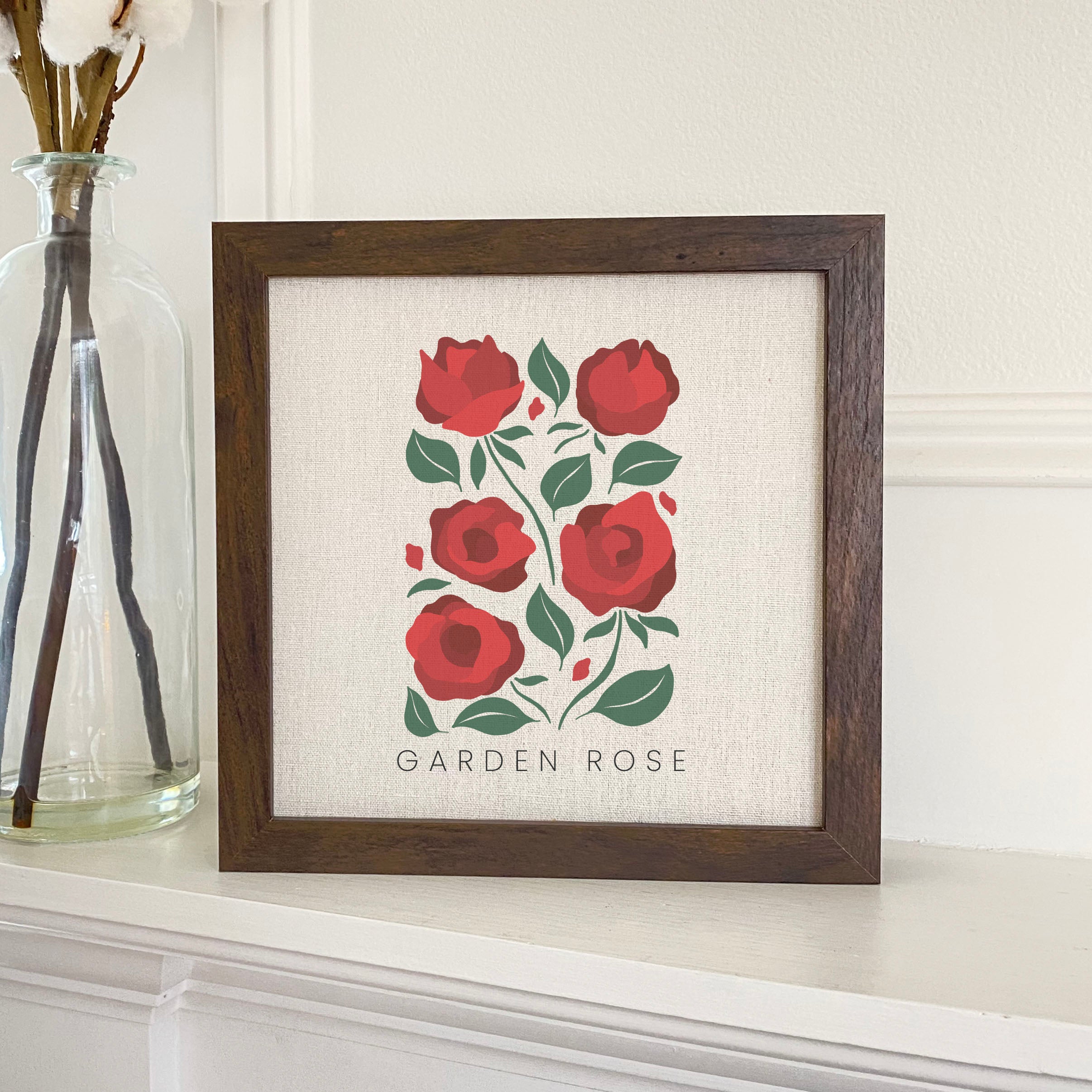 Rose Garden Edition Framed Sign with wood frame and linen-look background, perfect for home decor.