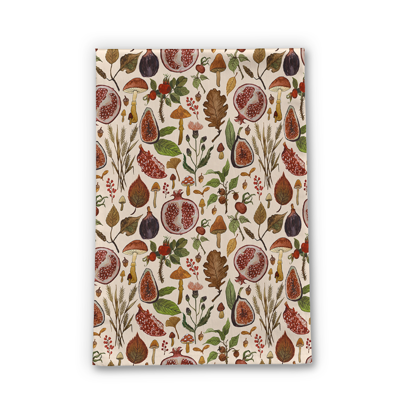 Rose Hips, Fruit, and Leaves Tea Towel made of cotton twill, featuring a vibrant design, perfect for kitchen use.
