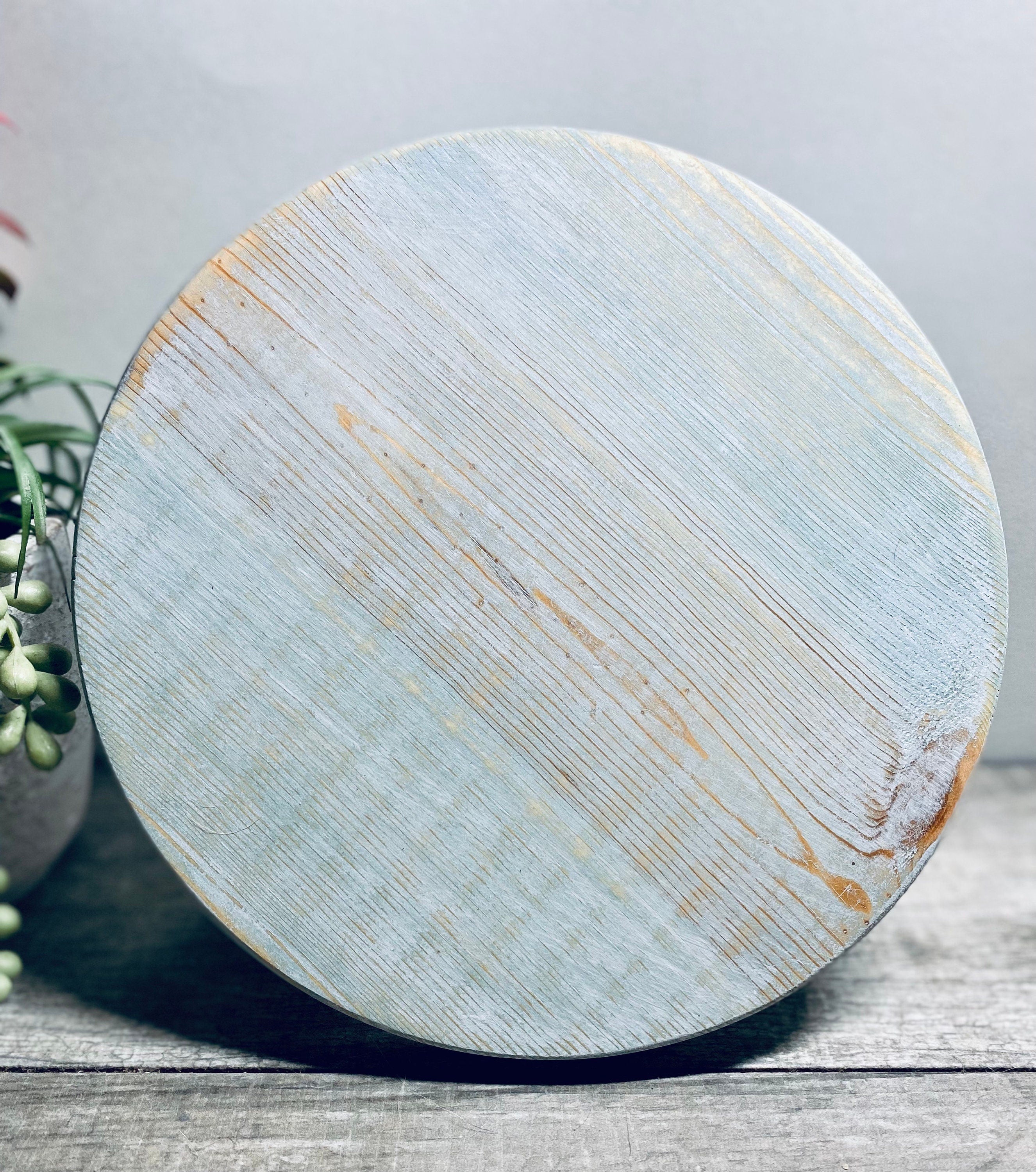 Round Wooden Riser in Vintage Blue with whitewashed finish, showcasing a shabby chic design, perfect for displaying soaps and candles.