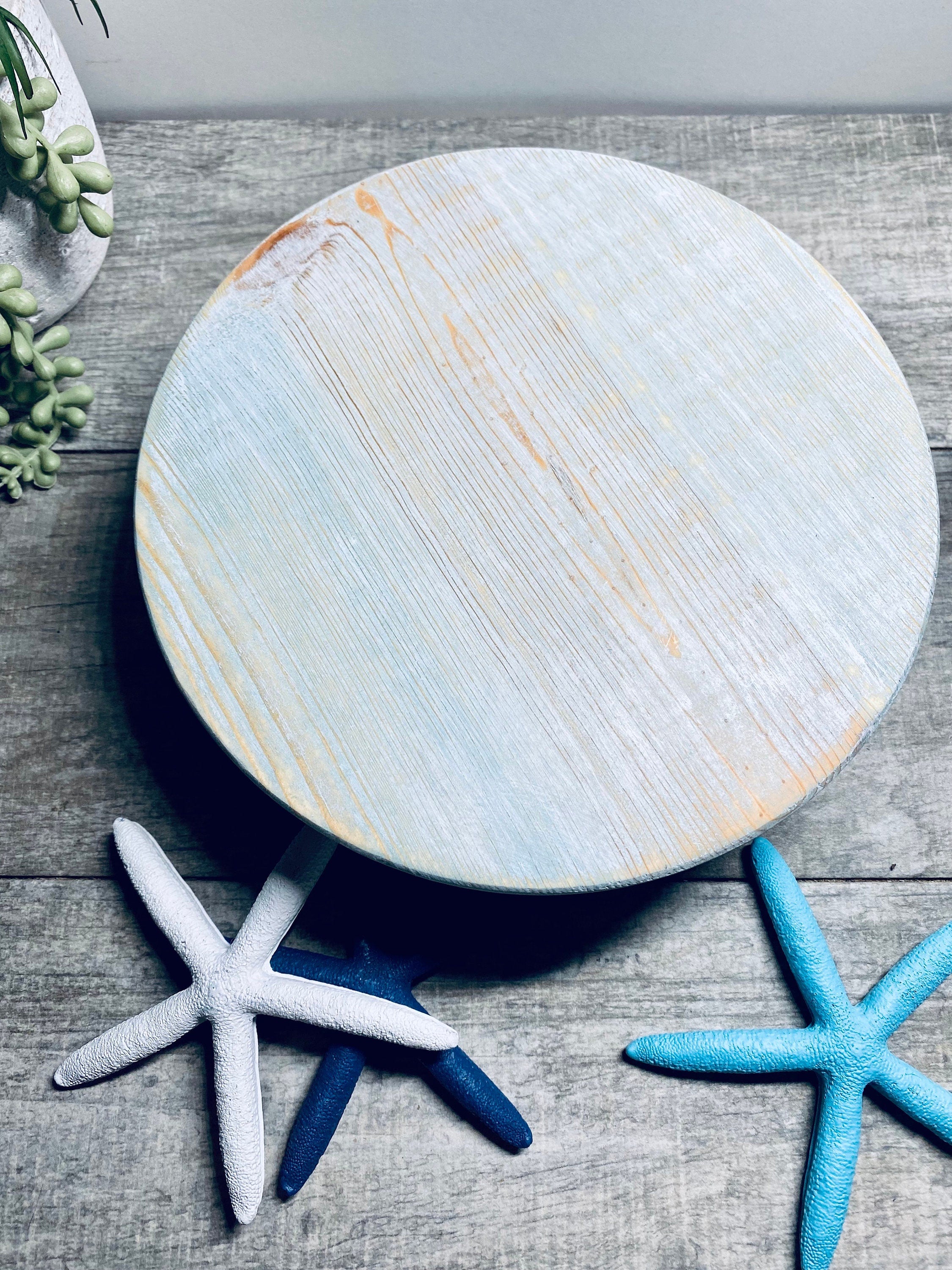 Round Wooden Riser in Vintage Blue with whitewashed finish, showcasing a shabby chic design, perfect for displaying soaps and candles.