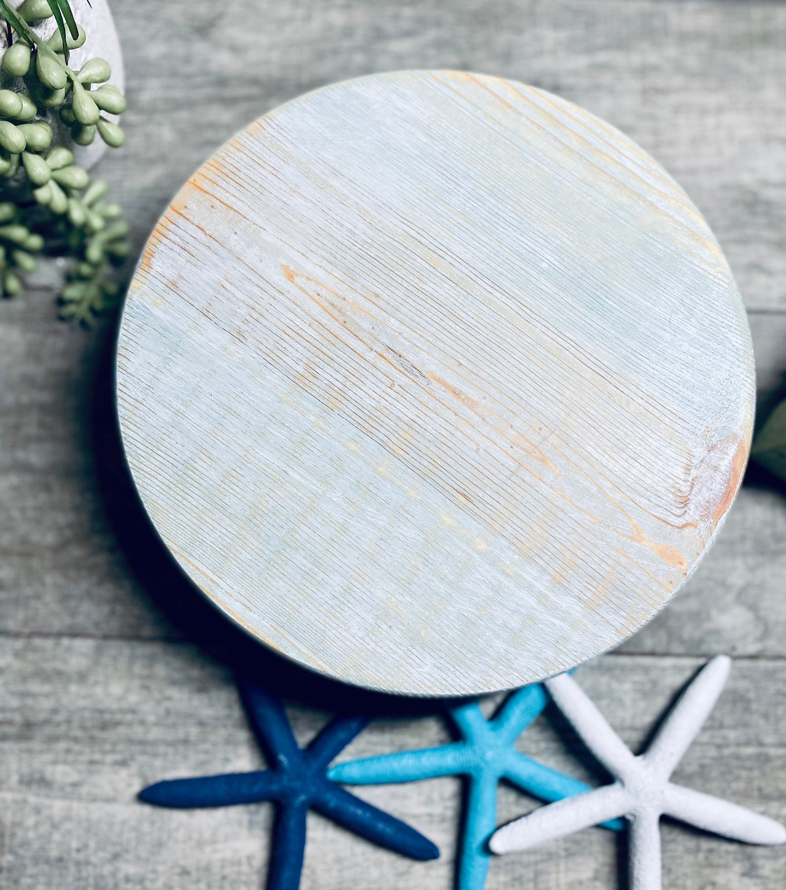 Round Wooden Riser in Vintage Blue with whitewashed finish, showcasing a shabby chic design, perfect for displaying soaps and candles.
