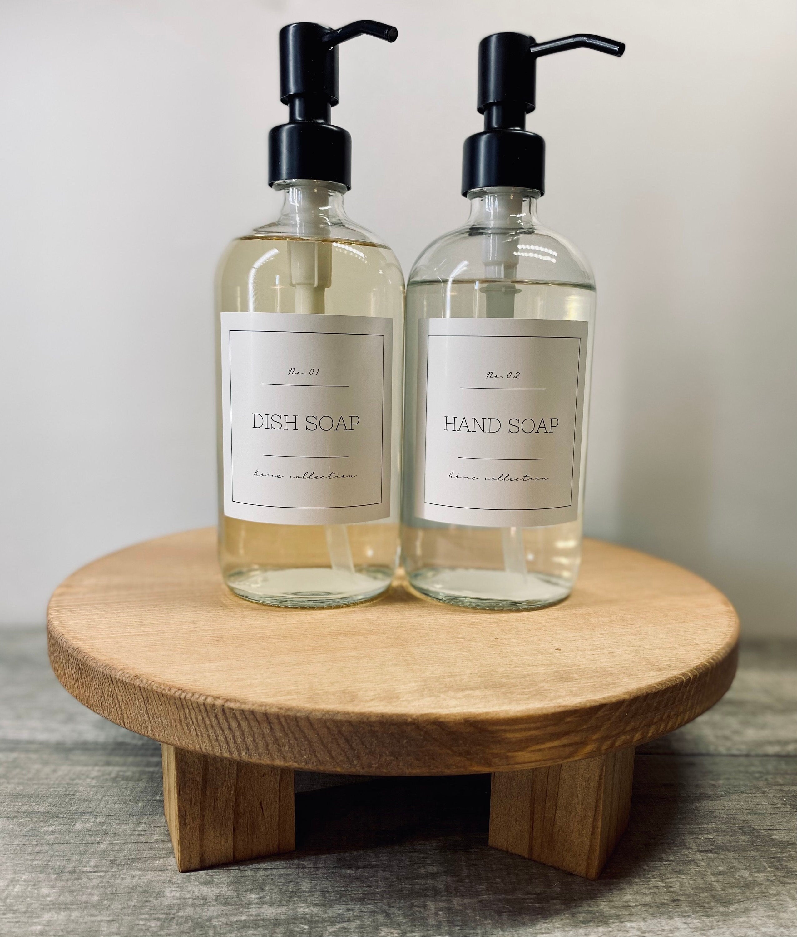 Handmade round wooden riser made from solid pine, stained in Special Walnut, perfect for displaying soaps, candles, and plants.