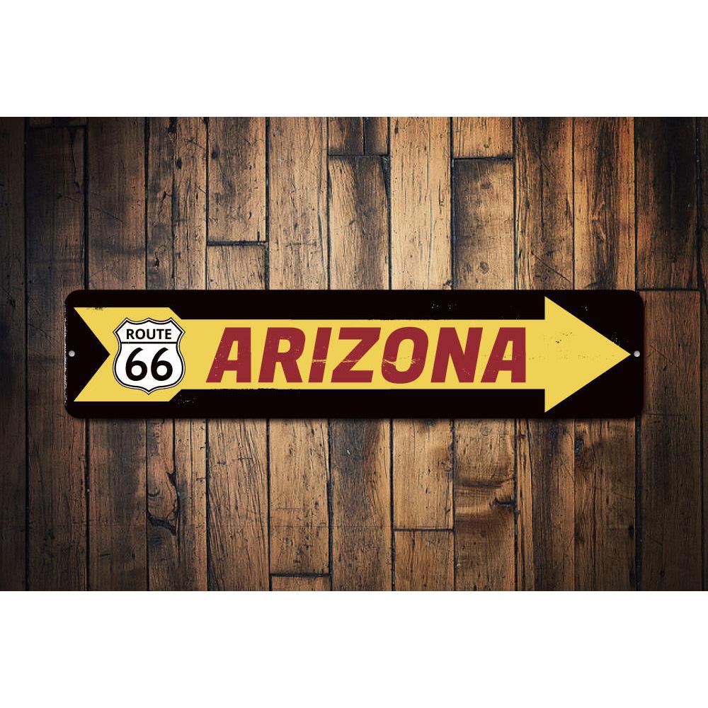 Route 66 Arrow Sign made of high-quality aluminum, featuring a vintage design with vibrant colors, perfect for home decor.