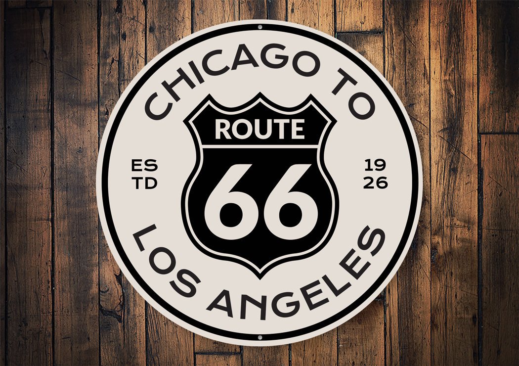 Route 66 Chicago to Los Angeles novelty sign made of aluminum, featuring vibrant colors and a classic design, perfect for home decor.