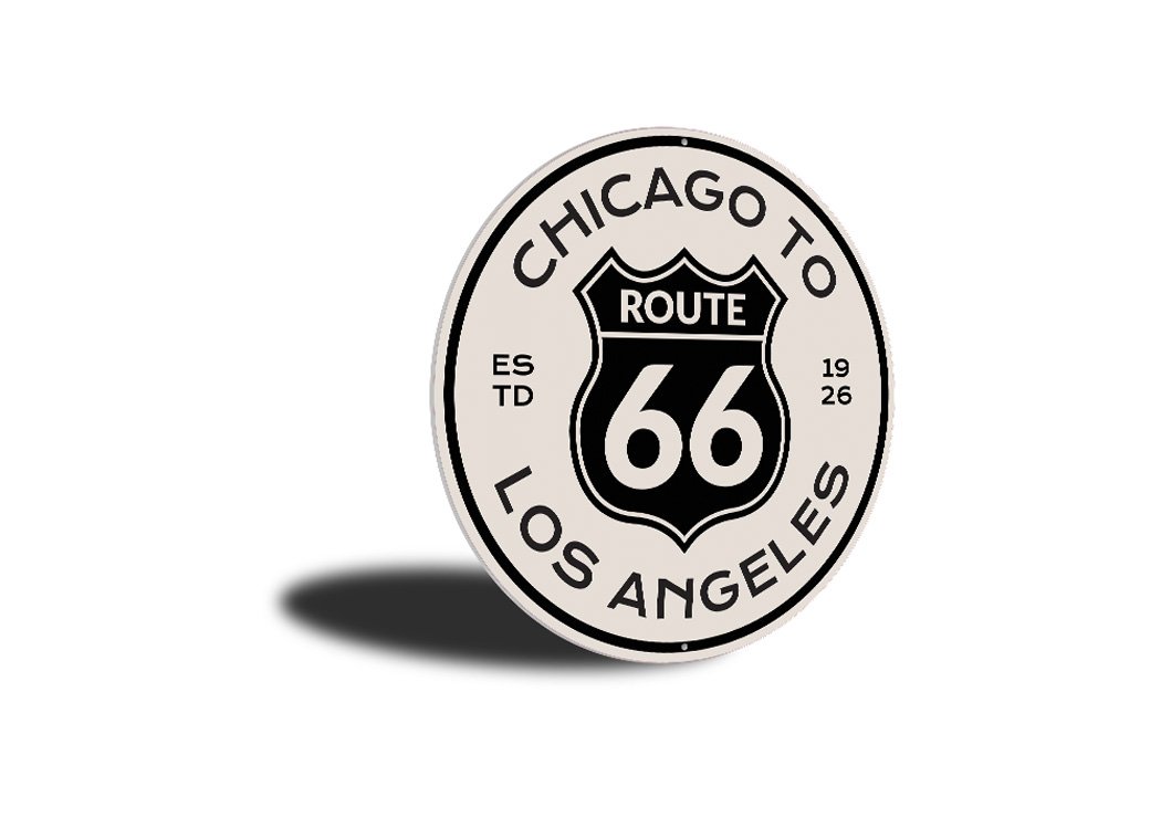 Route 66 Chicago to Los Angeles novelty sign made of aluminum, featuring vibrant colors and a classic design, perfect for home decor.