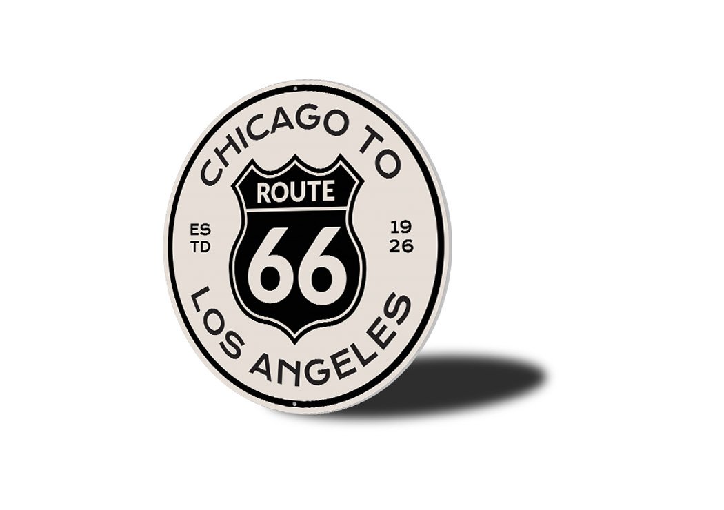 Route 66 Chicago to Los Angeles novelty sign made of aluminum, featuring vibrant colors and a classic design, perfect for home decor.