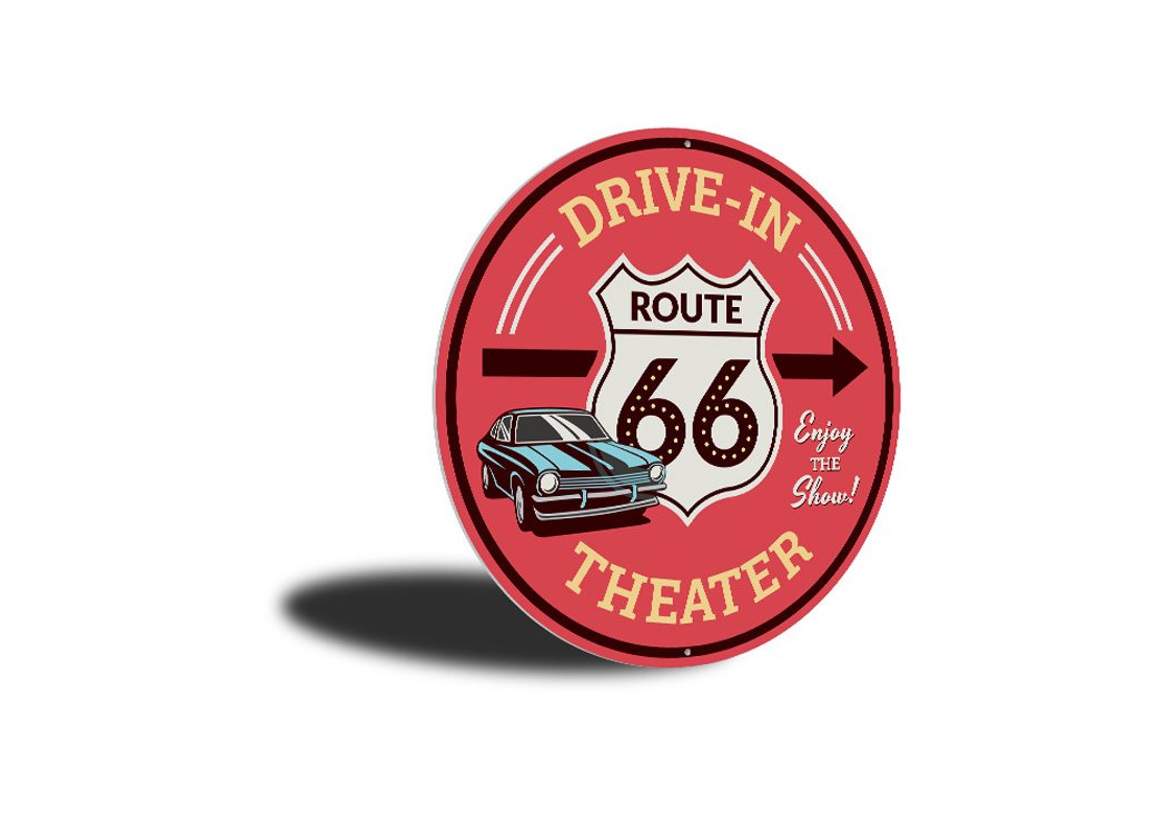 Route 66 Drive-In Theater This Way Sign made of aluminum, featuring vibrant colors and a vintage design, perfect for home decor.