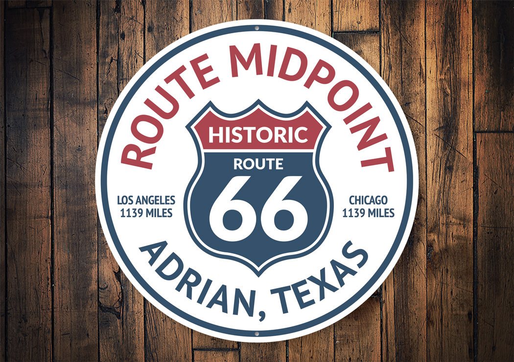 Route 66 Midpoint Road Sign featuring vibrant colors and classic design, made from durable aluminum.