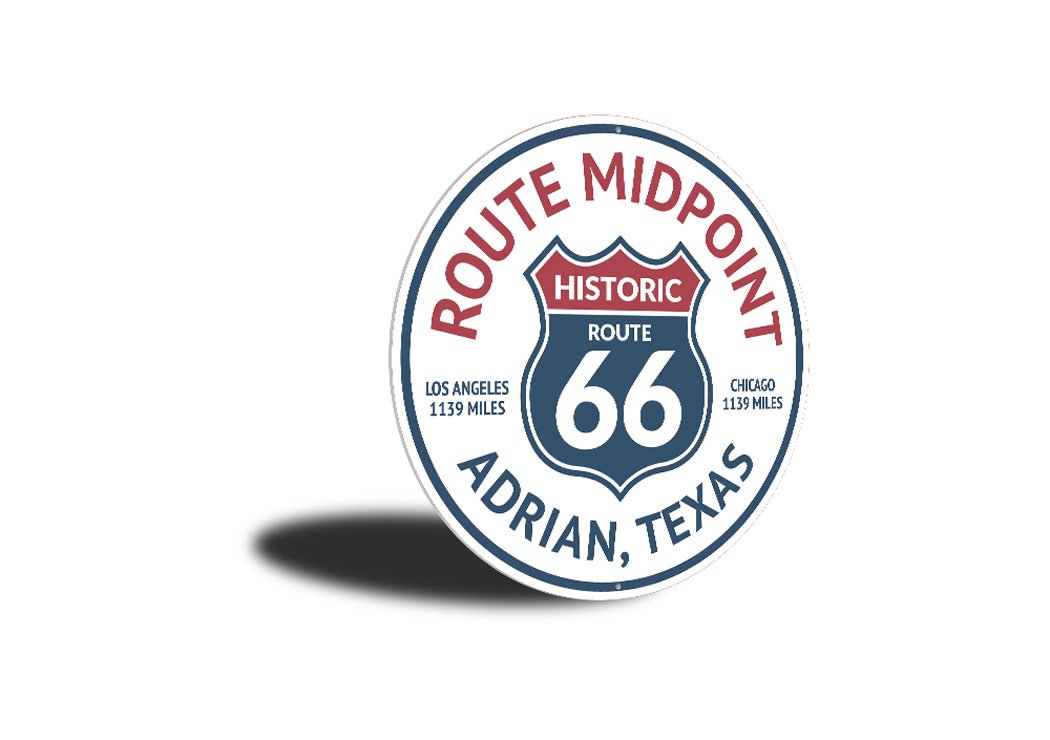Route 66 Midpoint Road Sign featuring vibrant colors and classic design, made from durable aluminum.