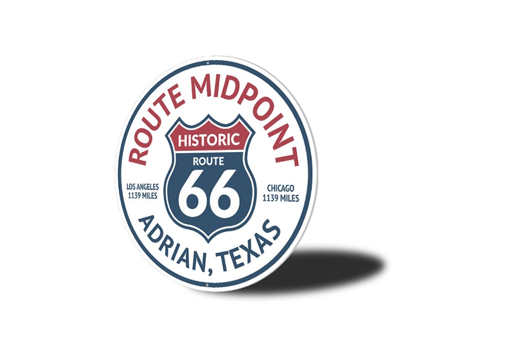 Route 66 Midpoint Road Sign featuring vibrant colors and classic design, made from durable aluminum.