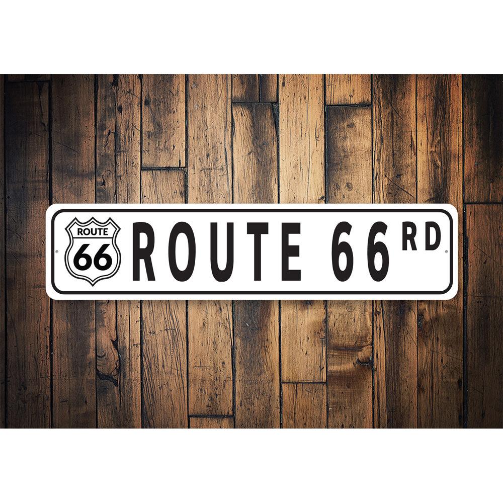 Route 66 street sign made of high-quality aluminum, featuring vibrant colors and a classic design, perfect for home or office decor.