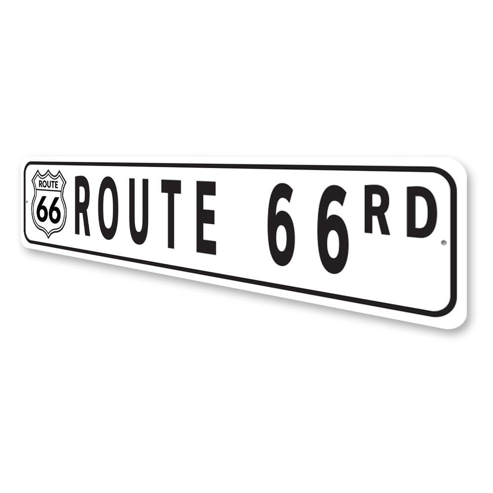 Route 66 street sign made of high-quality aluminum, featuring vibrant colors and a classic design, perfect for home or office decor.