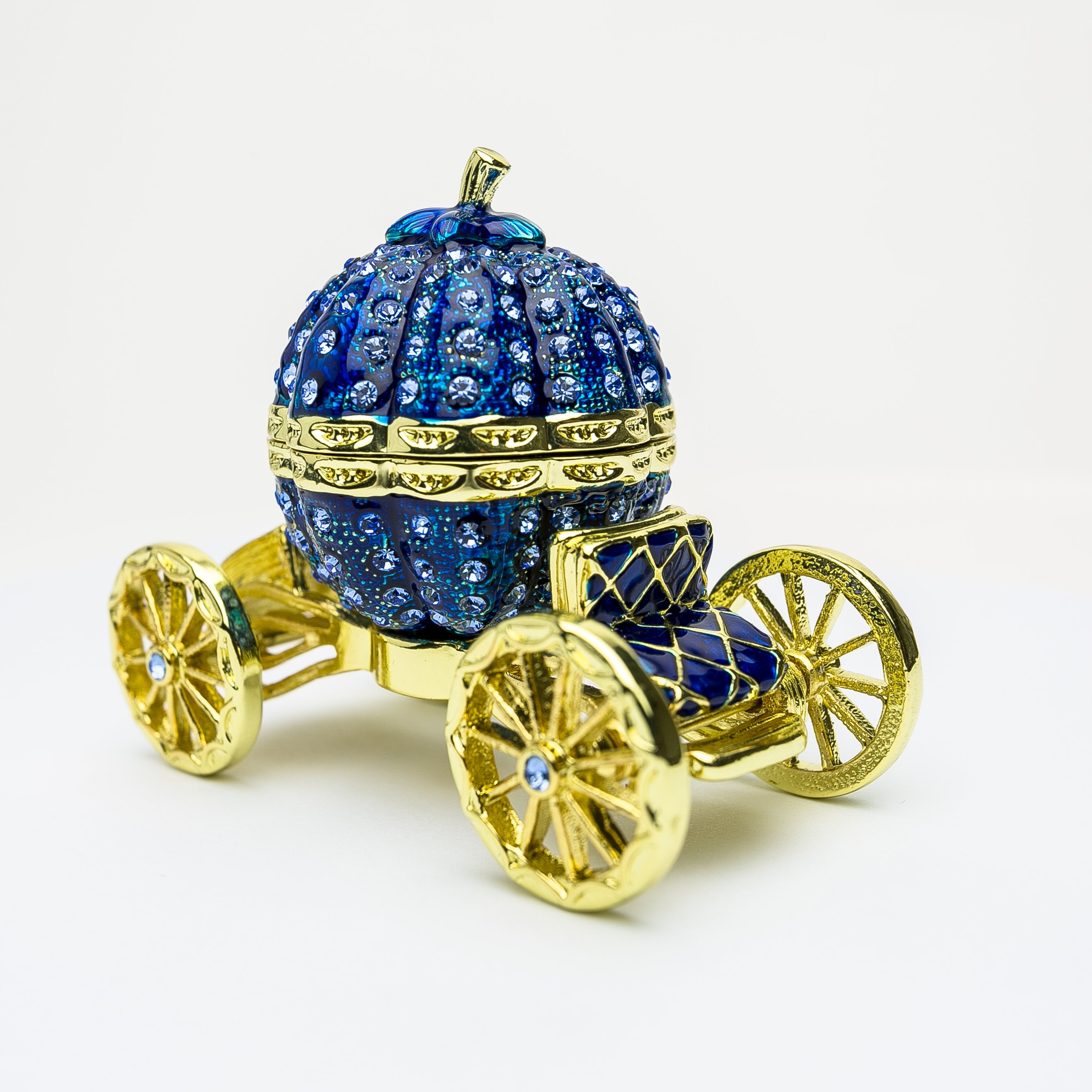 Royal Blue Faberge Pumpkin on Carriage trinket box with Austrian crystals and gold plating, showcasing intricate craftsmanship.