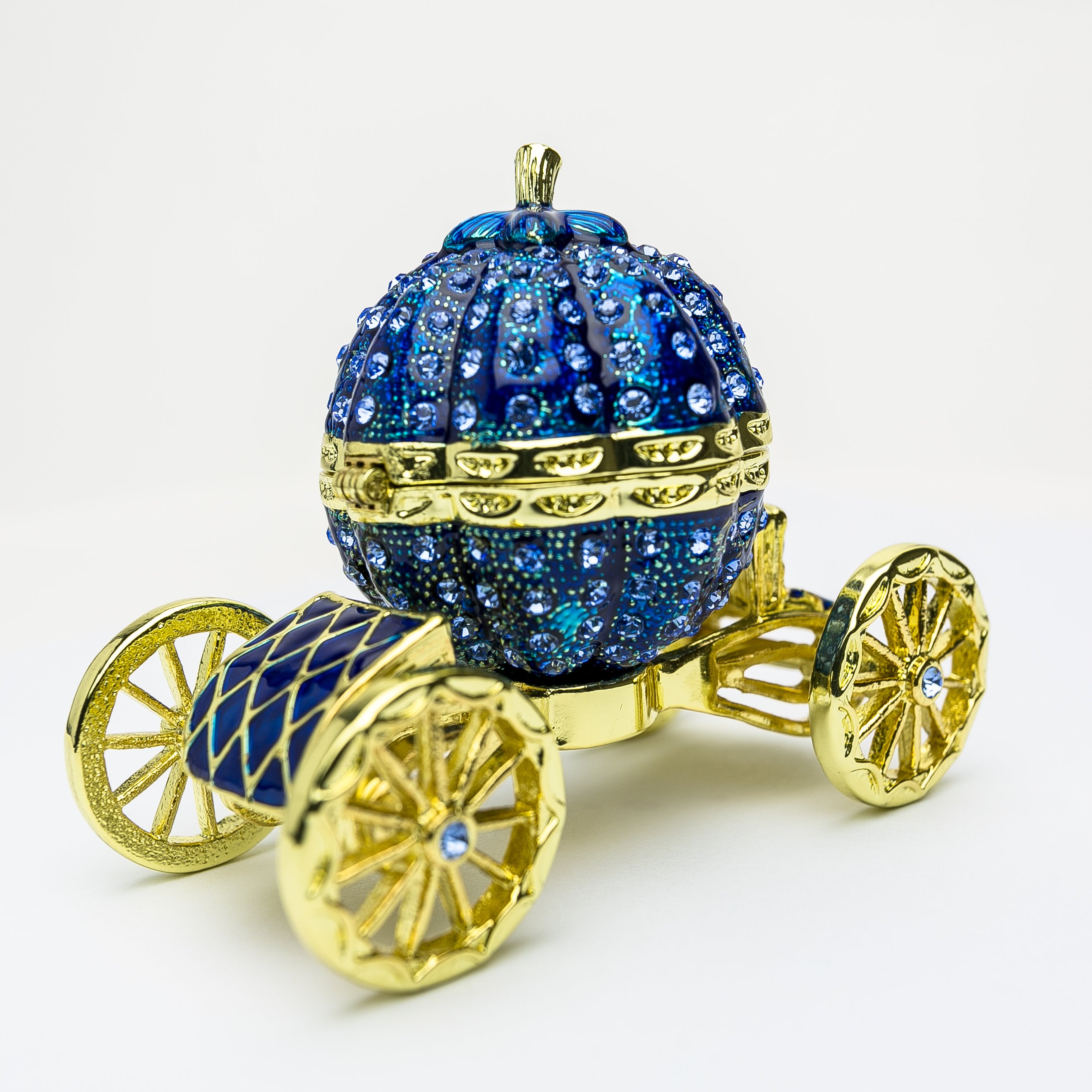 Royal Blue Faberge Pumpkin on Carriage trinket box with Austrian crystals and gold plating, showcasing intricate craftsmanship.