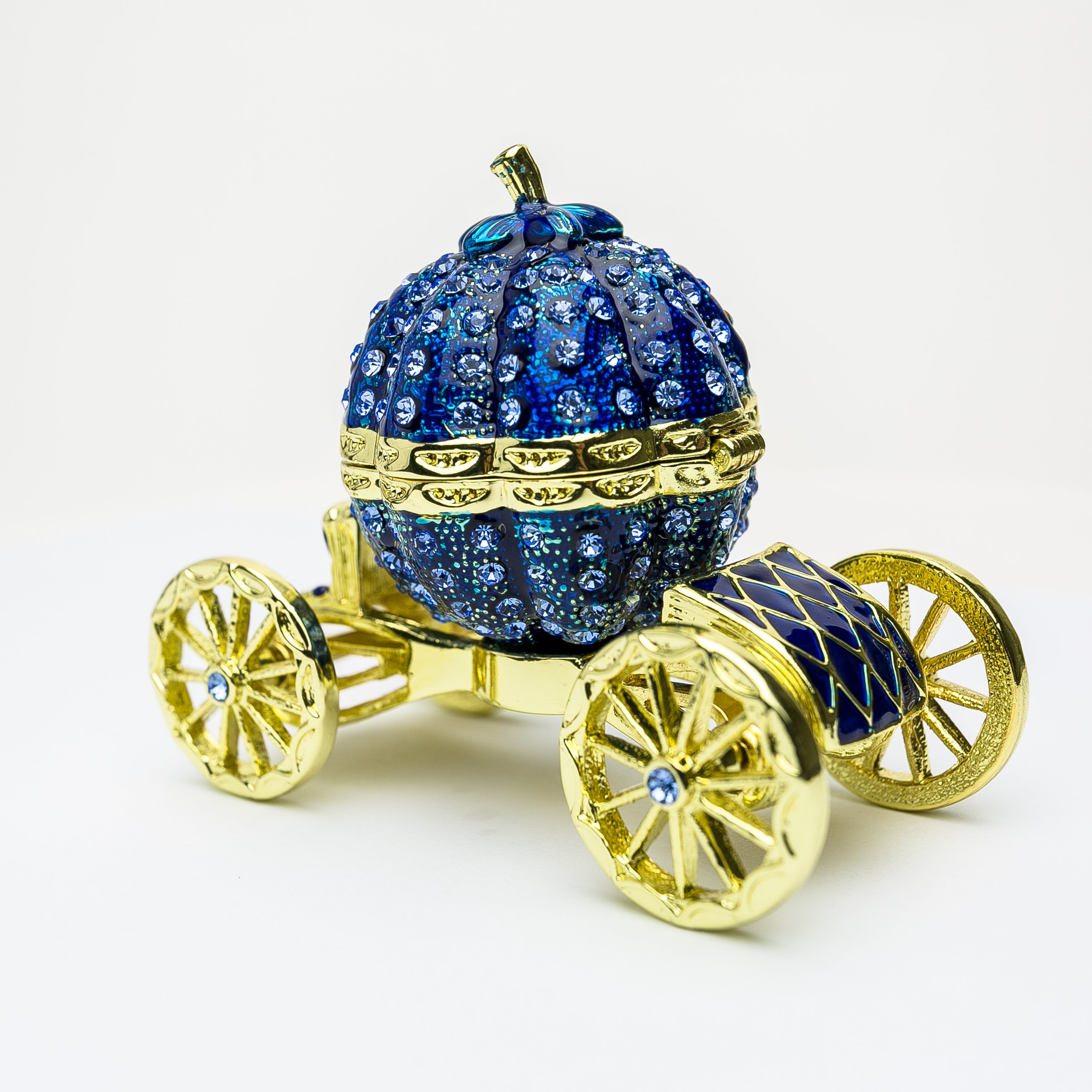 Royal Blue Faberge Pumpkin on Carriage trinket box with Austrian crystals and gold plating, showcasing intricate craftsmanship.