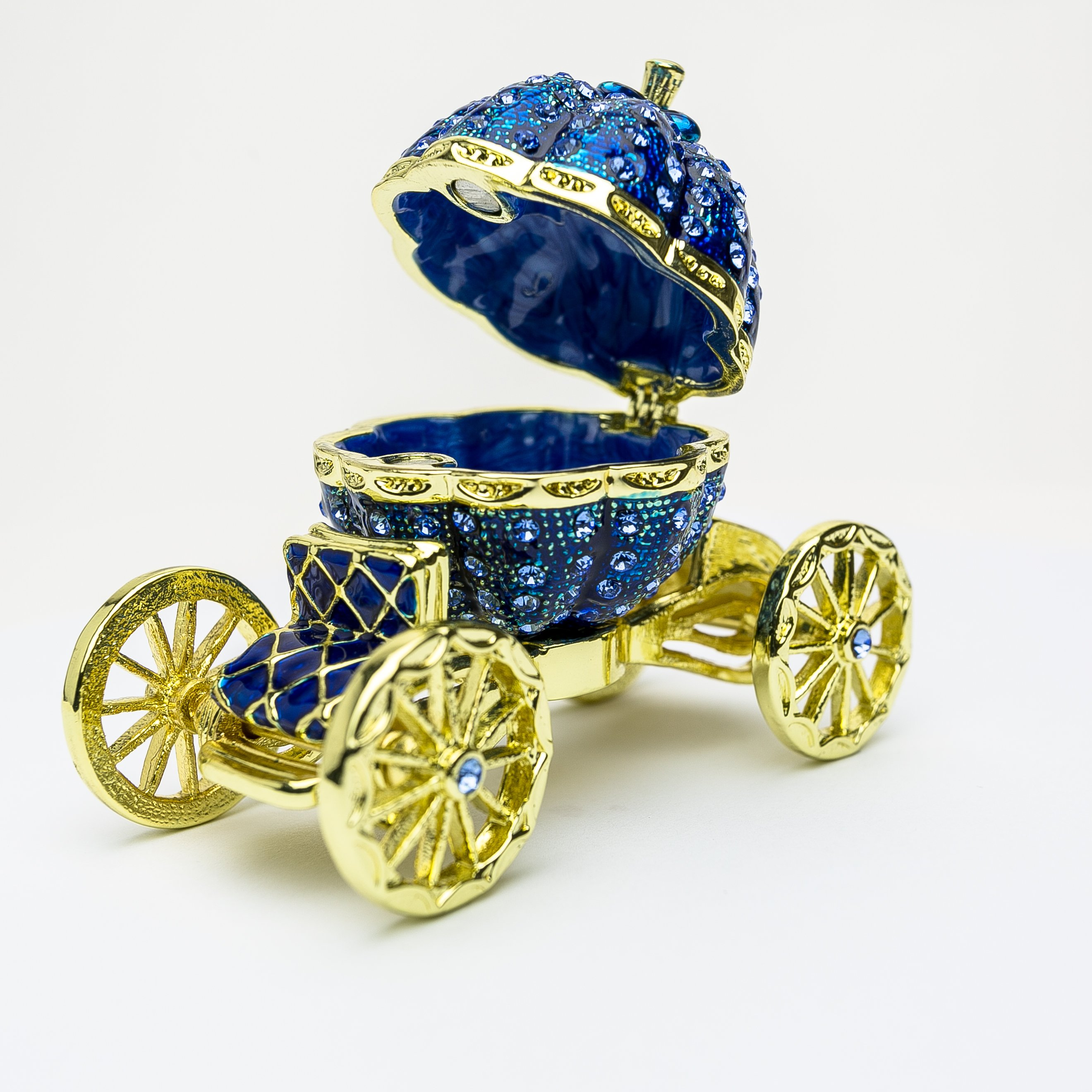 Royal Blue Faberge Pumpkin on Carriage trinket box with Austrian crystals and gold plating, showcasing intricate craftsmanship.