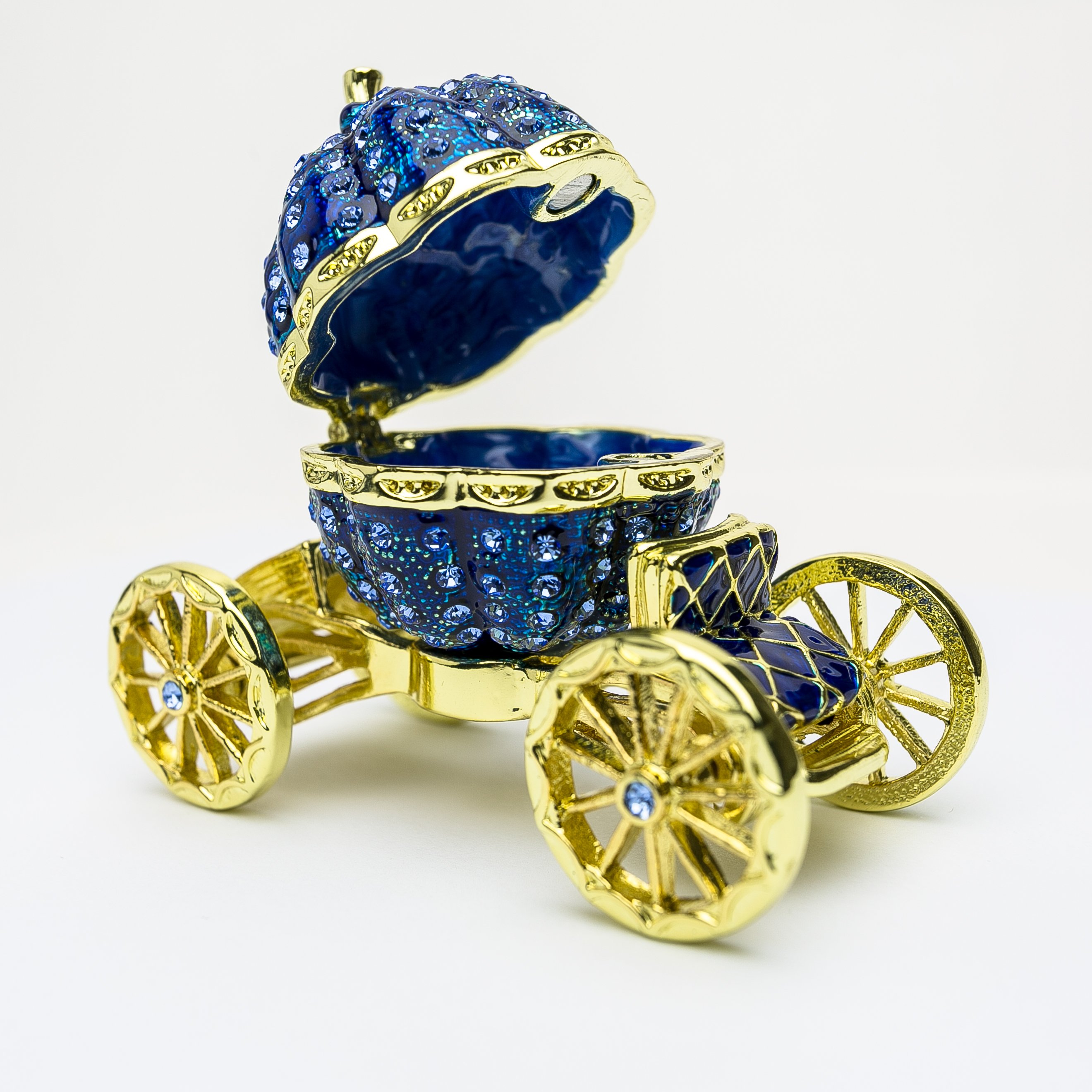 Royal Blue Faberge Pumpkin on Carriage trinket box with Austrian crystals and gold plating, showcasing intricate craftsmanship.