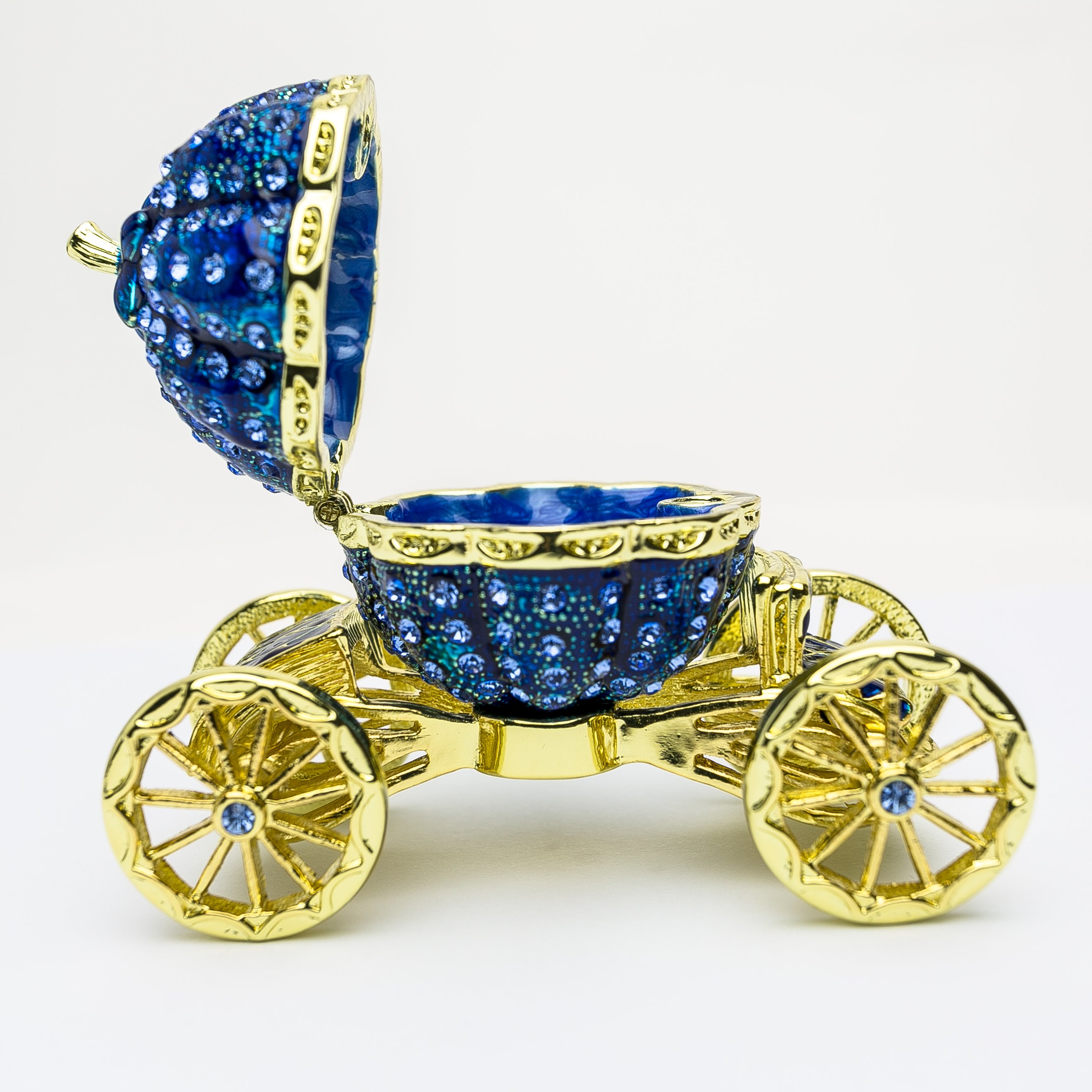 Royal Blue Faberge Pumpkin on Carriage trinket box with Austrian crystals and gold plating, showcasing intricate craftsmanship.