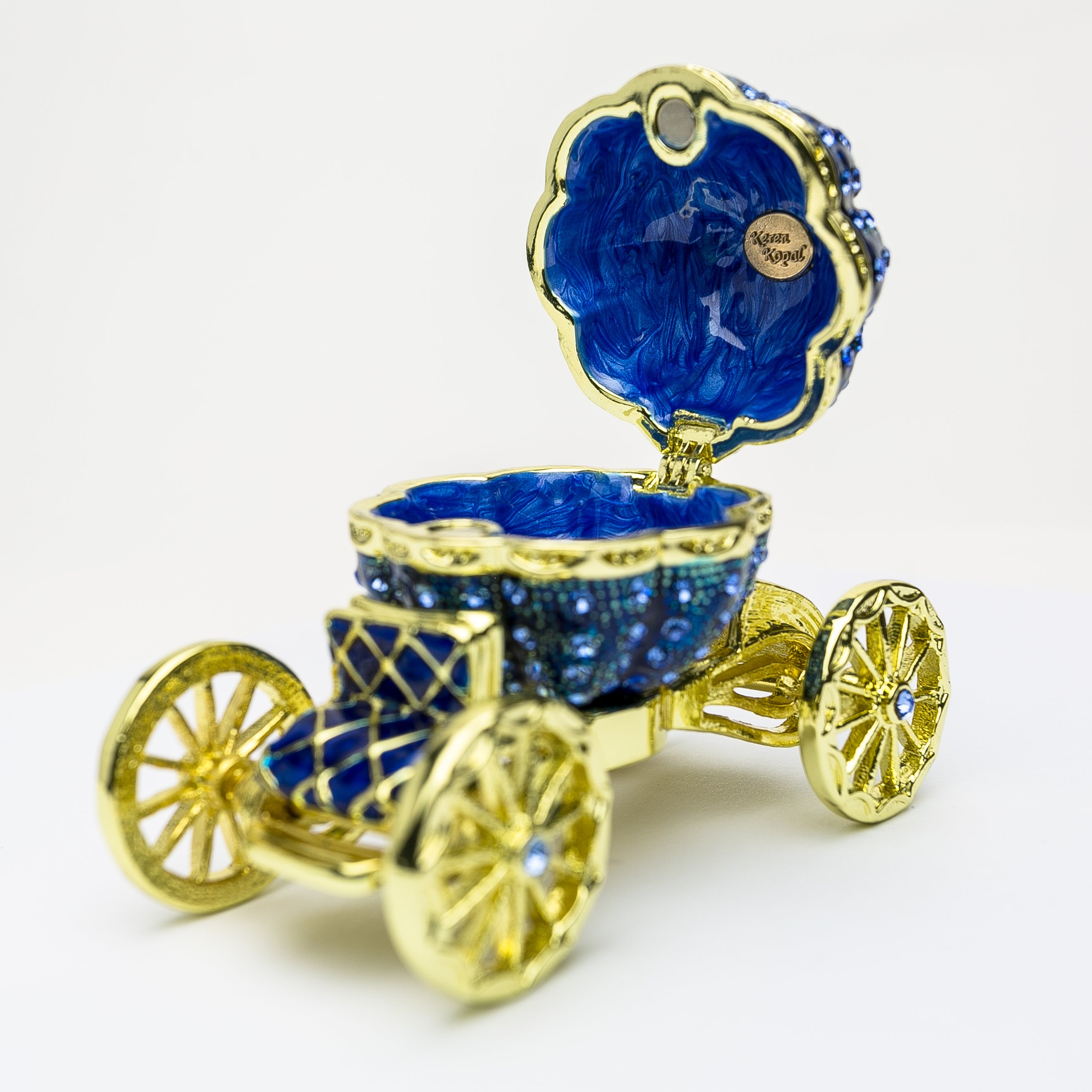 Royal Blue Faberge Pumpkin on Carriage trinket box with Austrian crystals and gold plating, showcasing intricate craftsmanship.