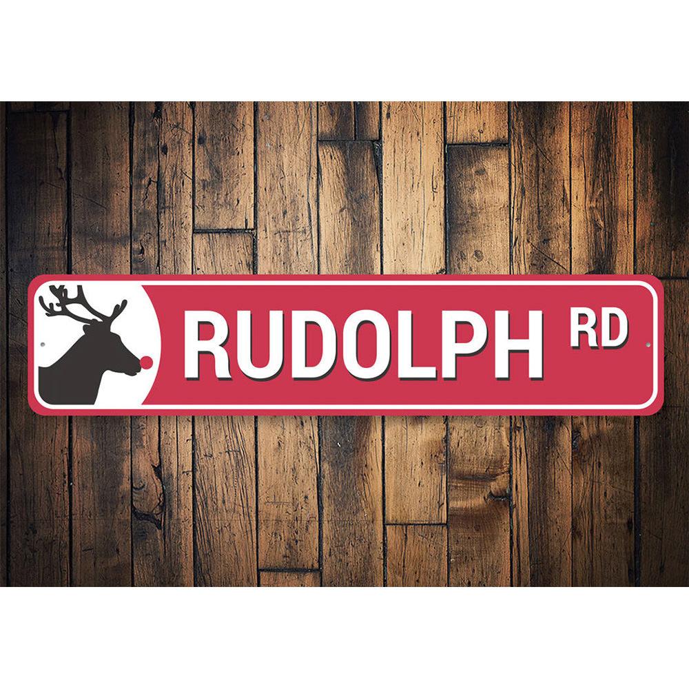 Rudolph Road Reindeer Holiday Sign featuring festive design and customizable text options, made from high-quality aluminum.