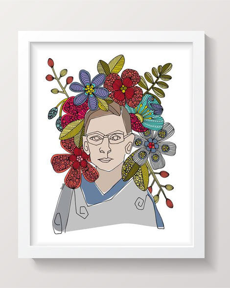 Illustration of Ruth Bader Ginsburg in vibrant colors on heavy matte card stock, showcasing her legacy as a lawyer and jurist.