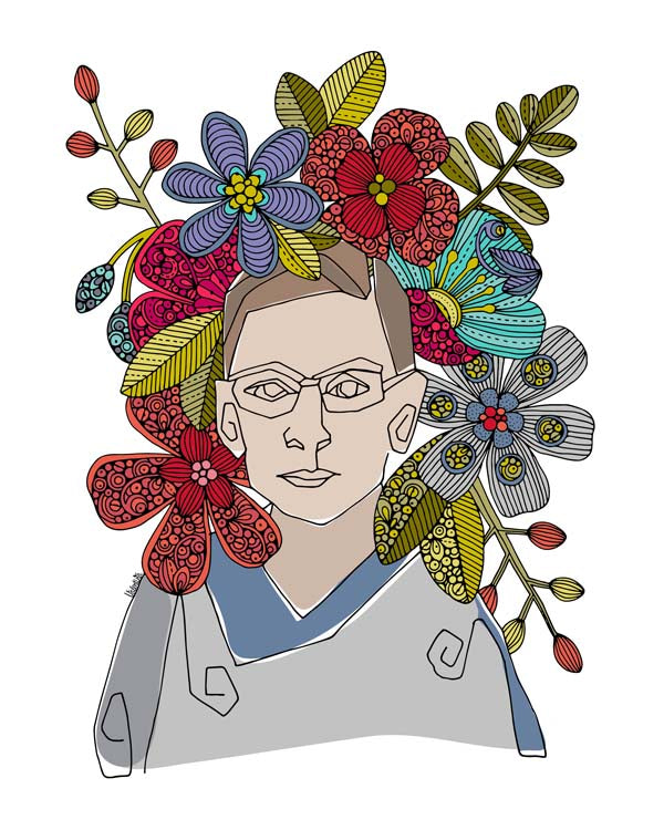 Illustration of Ruth Bader Ginsburg in vibrant colors on heavy matte card stock, showcasing her legacy as a lawyer and jurist.
