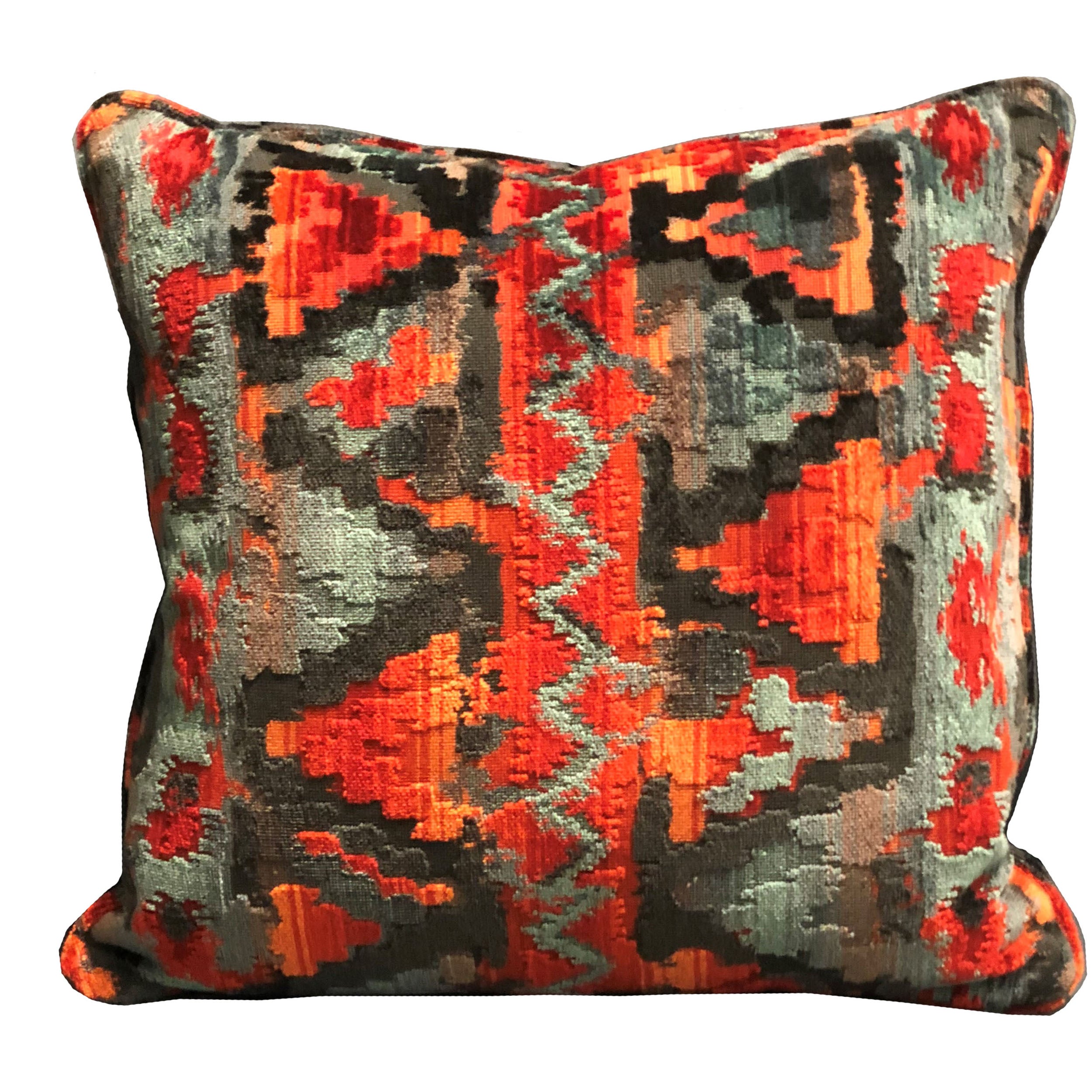 Sachi Love Red, Blue and Orange iKat Luxury Throw Pillow showcasing vibrant colors and intricate ikat pattern, perfect for home decor.