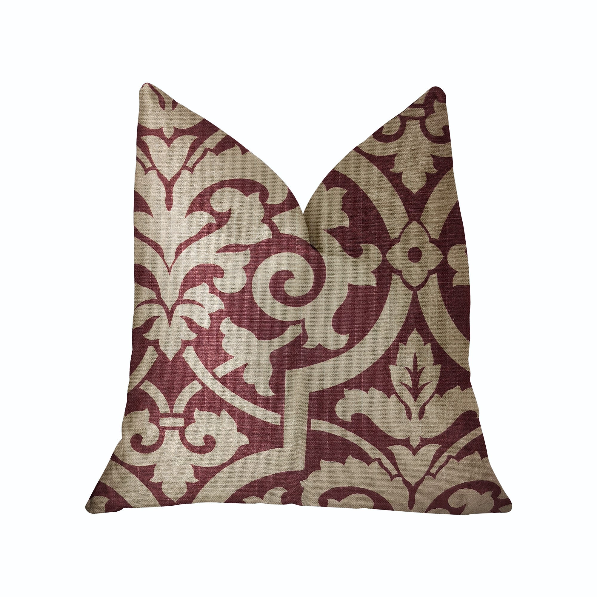 Sacred Shield Red and Beige Luxury Throw Pillow featuring a geometric pattern, handmade in the USA with a cotton blend fabric.