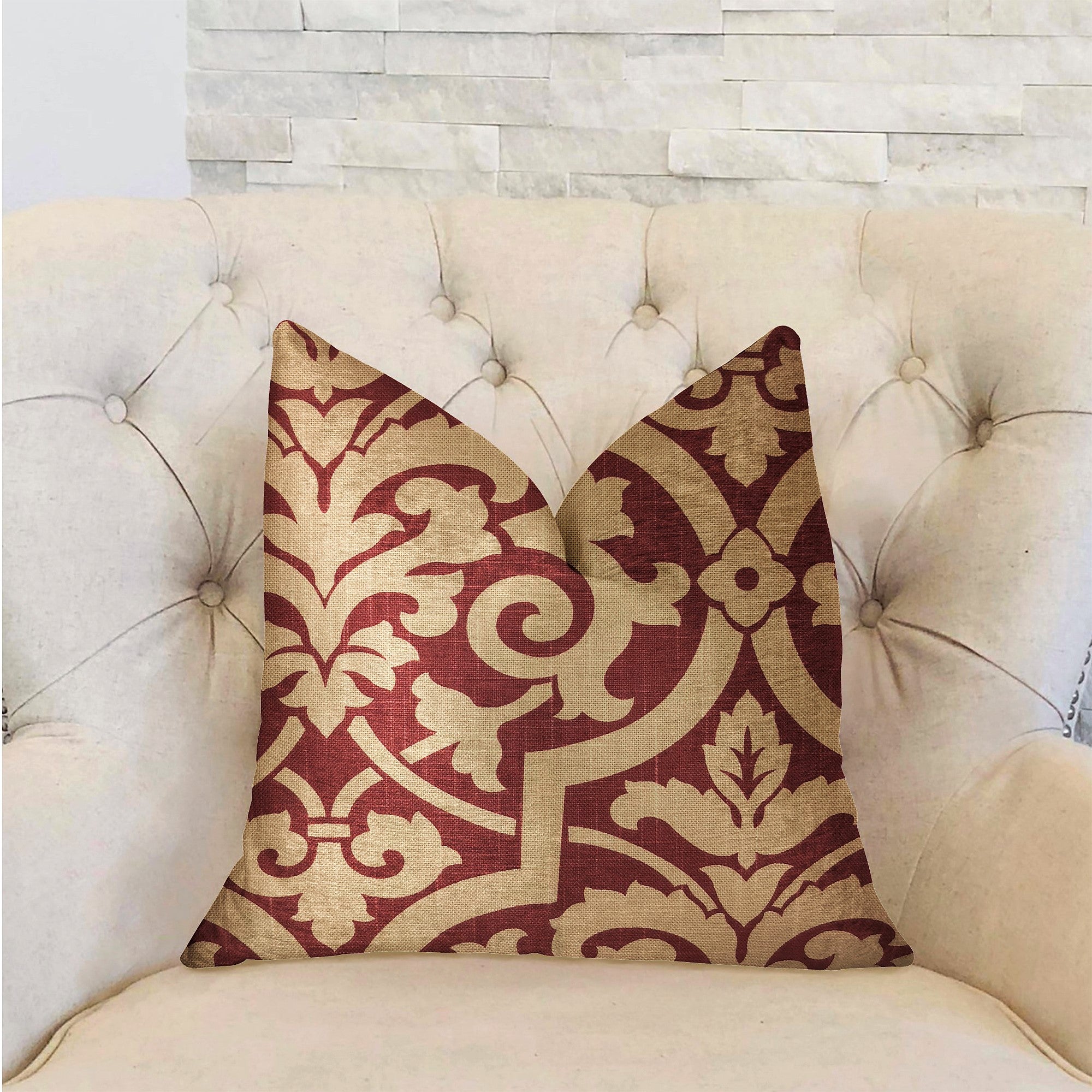 Sacred Shield Red and Beige Luxury Throw Pillow featuring a geometric pattern, handmade in the USA with a cotton blend fabric.