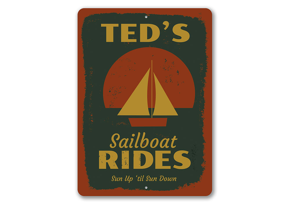 A decorative Sailboat Rides Sign made of high-quality aluminum, featuring a vibrant design perfect for lakehouse decor.