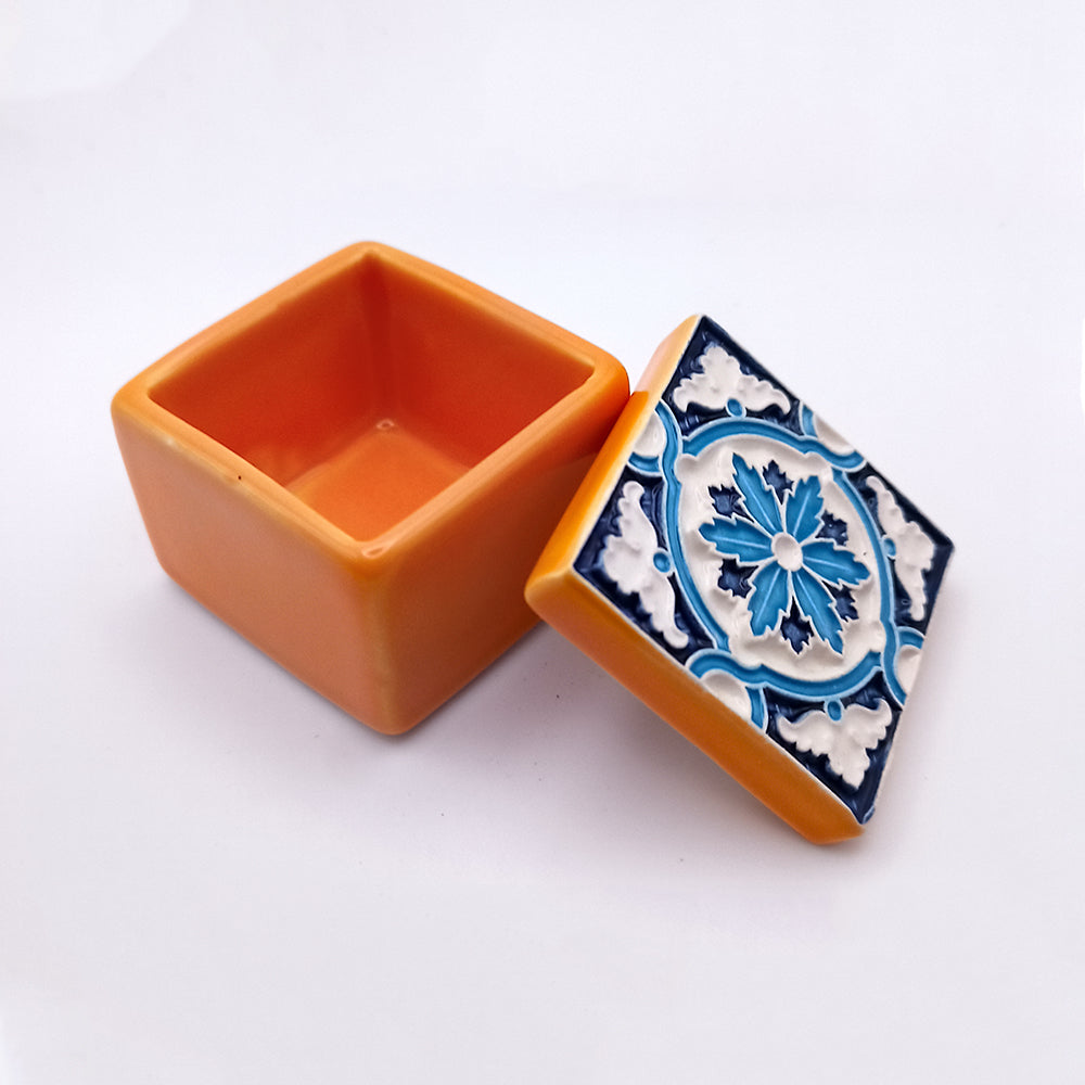 A beautifully crafted Saint Maria Island Ceramic Box featuring intricate designs and vibrant colors, perfect for decor or storage.