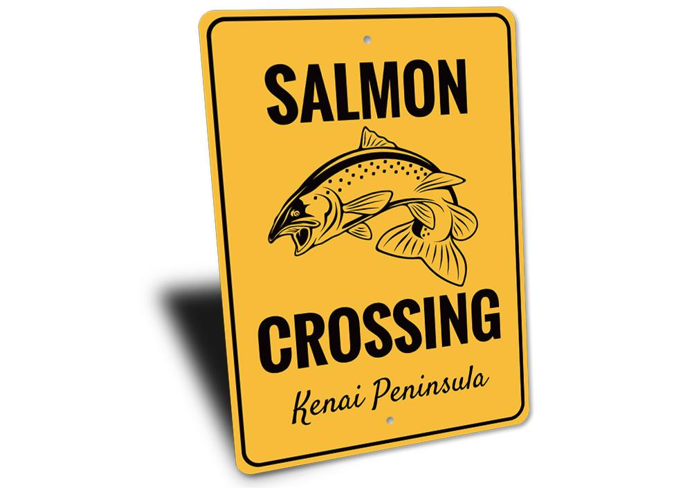 A decorative Salmon Crossing Sign made of high-quality aluminum, featuring a vibrant design perfect for lakehouse decor.