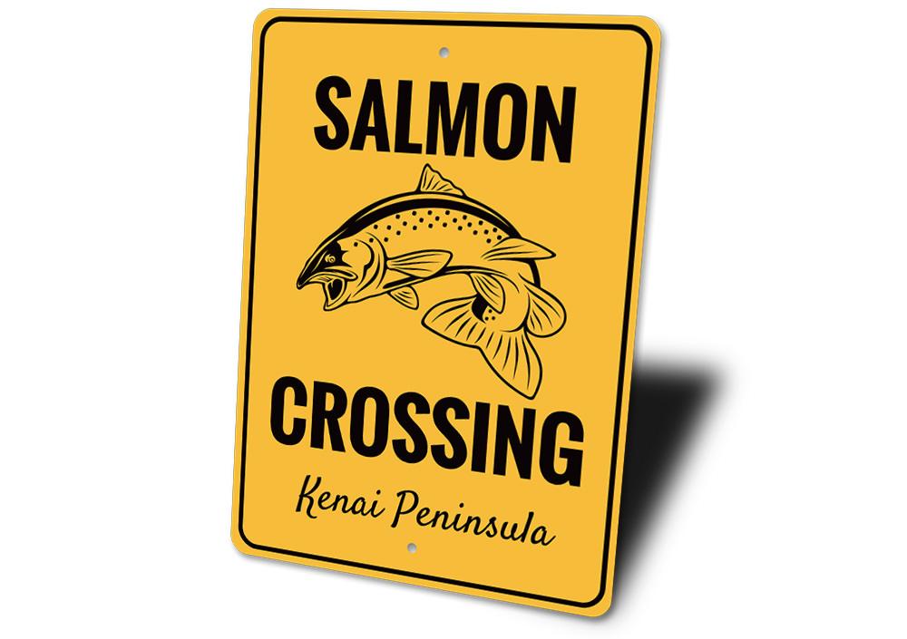 A decorative Salmon Crossing Sign made of high-quality aluminum, featuring a vibrant design perfect for lakehouse decor.