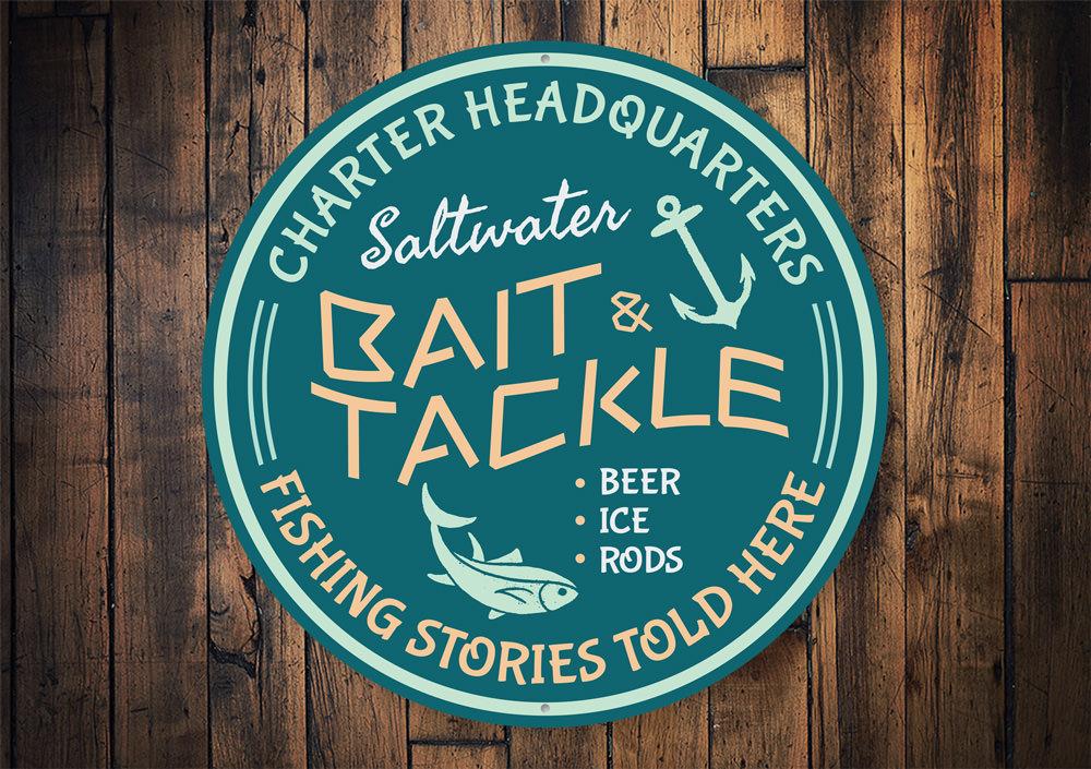 Saltwater Bait & Tackle Sign made of high-quality aluminum, featuring a fishing theme, perfect for home or garage decor.