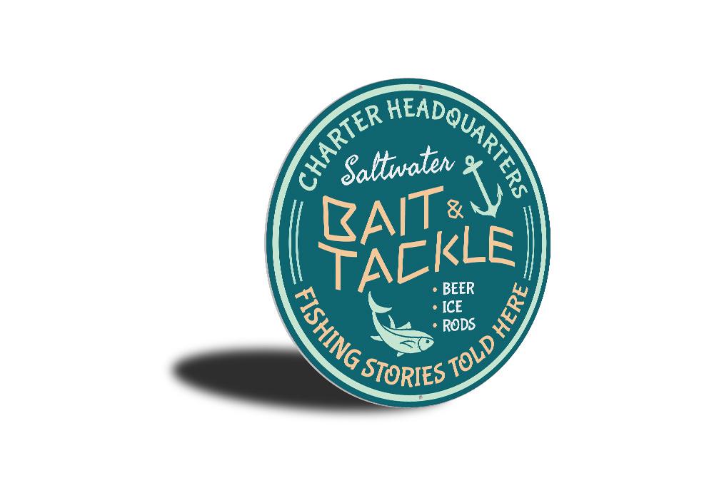Saltwater Bait & Tackle Sign made of high-quality aluminum, featuring a fishing theme, perfect for home or garage decor.