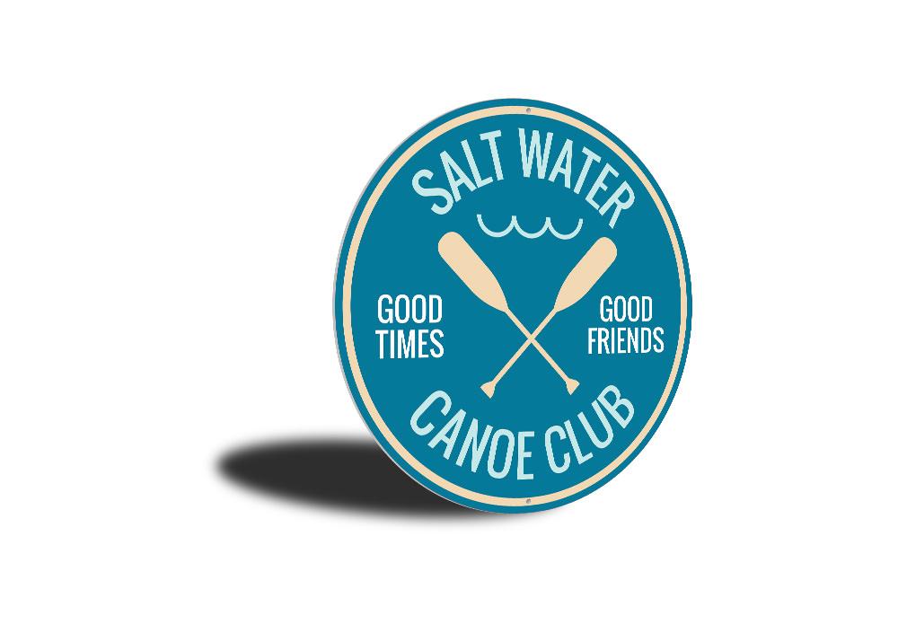 Saltwater Canoe Club Sign made of durable aluminum, featuring customizable text and pre-drilled holes for easy mounting, perfect for beach-themed decor.