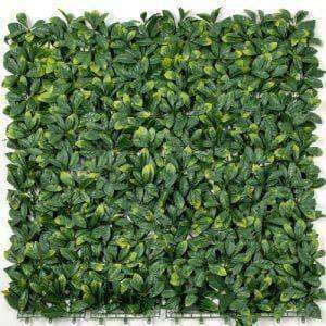 A vibrant Lemon Leaf Artificial Hedge Panel sample measuring 25cm x 25cm, showcasing lush green leaves for vertical gardening.