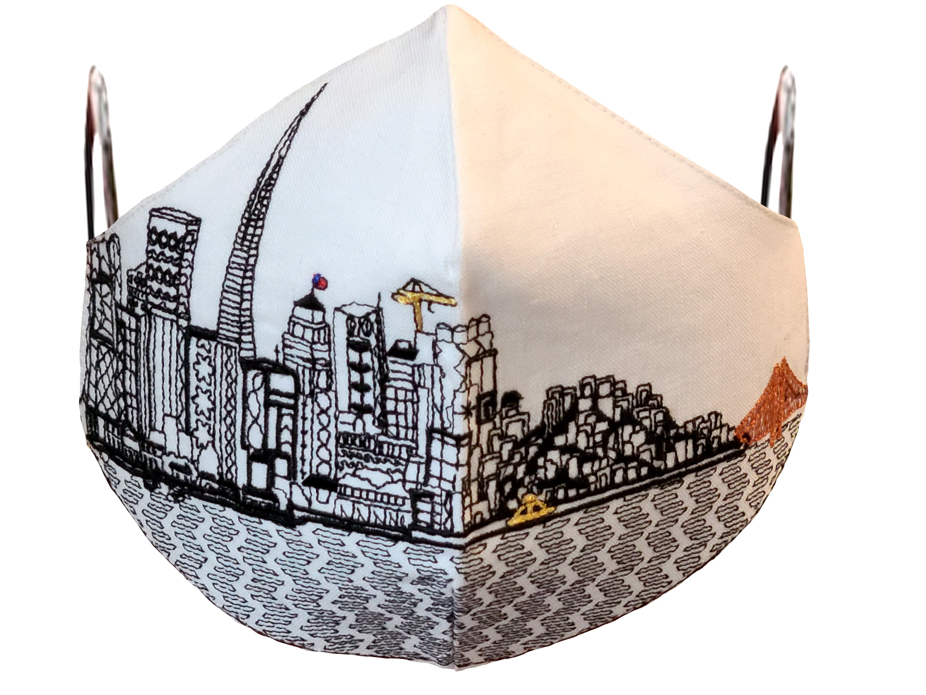 San Francisco skyline embroidered face mask made of linen and cotton with soft cotton lining and elastic loops.