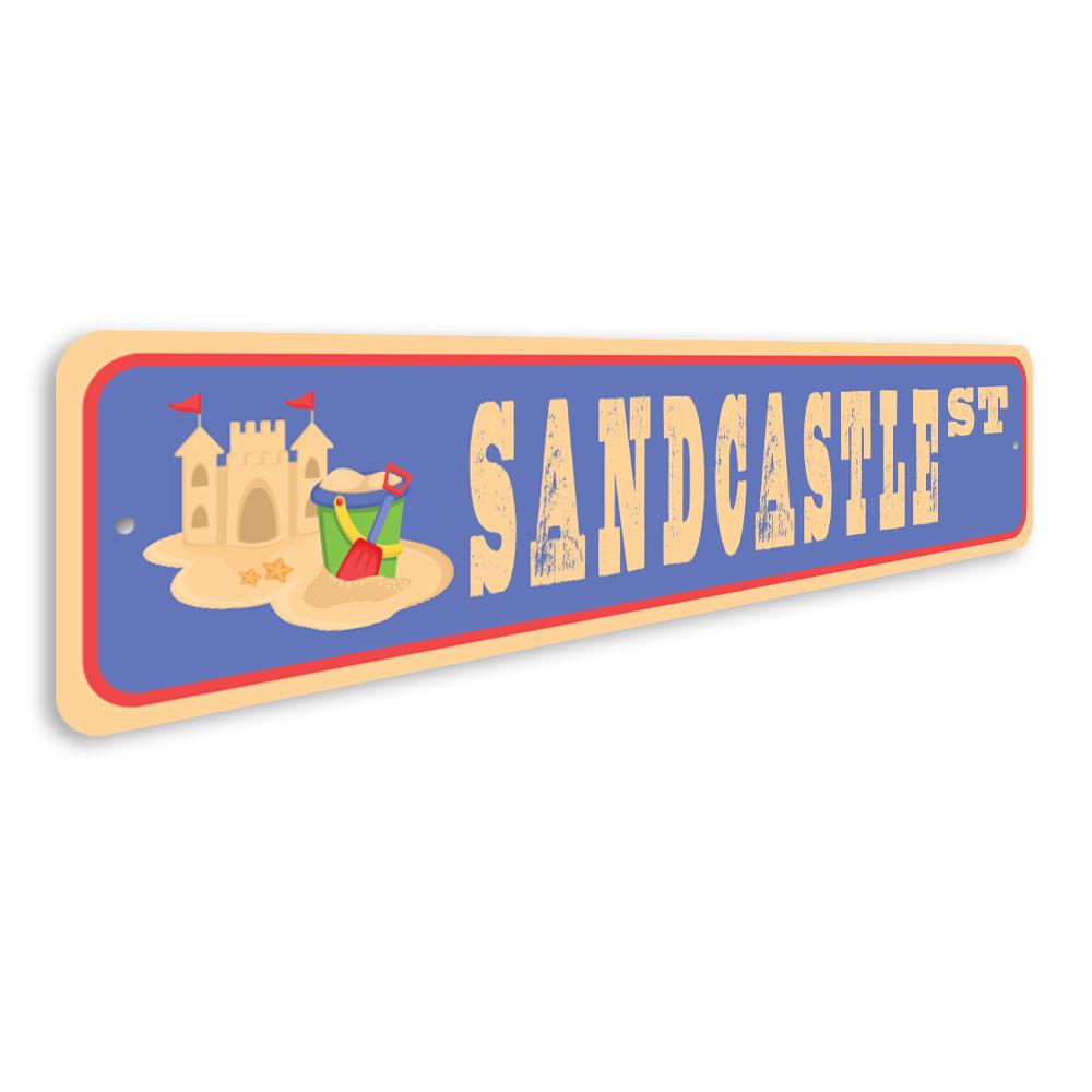 A decorative Sandcastle Street Sign made of high-quality aluminum, featuring customizable text options, ideal for home decor.