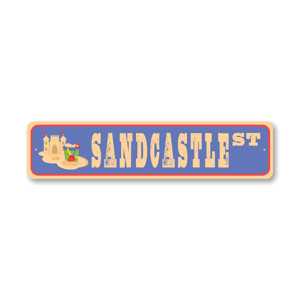 A decorative Sandcastle Street Sign made of high-quality aluminum, featuring customizable text options, ideal for home decor.